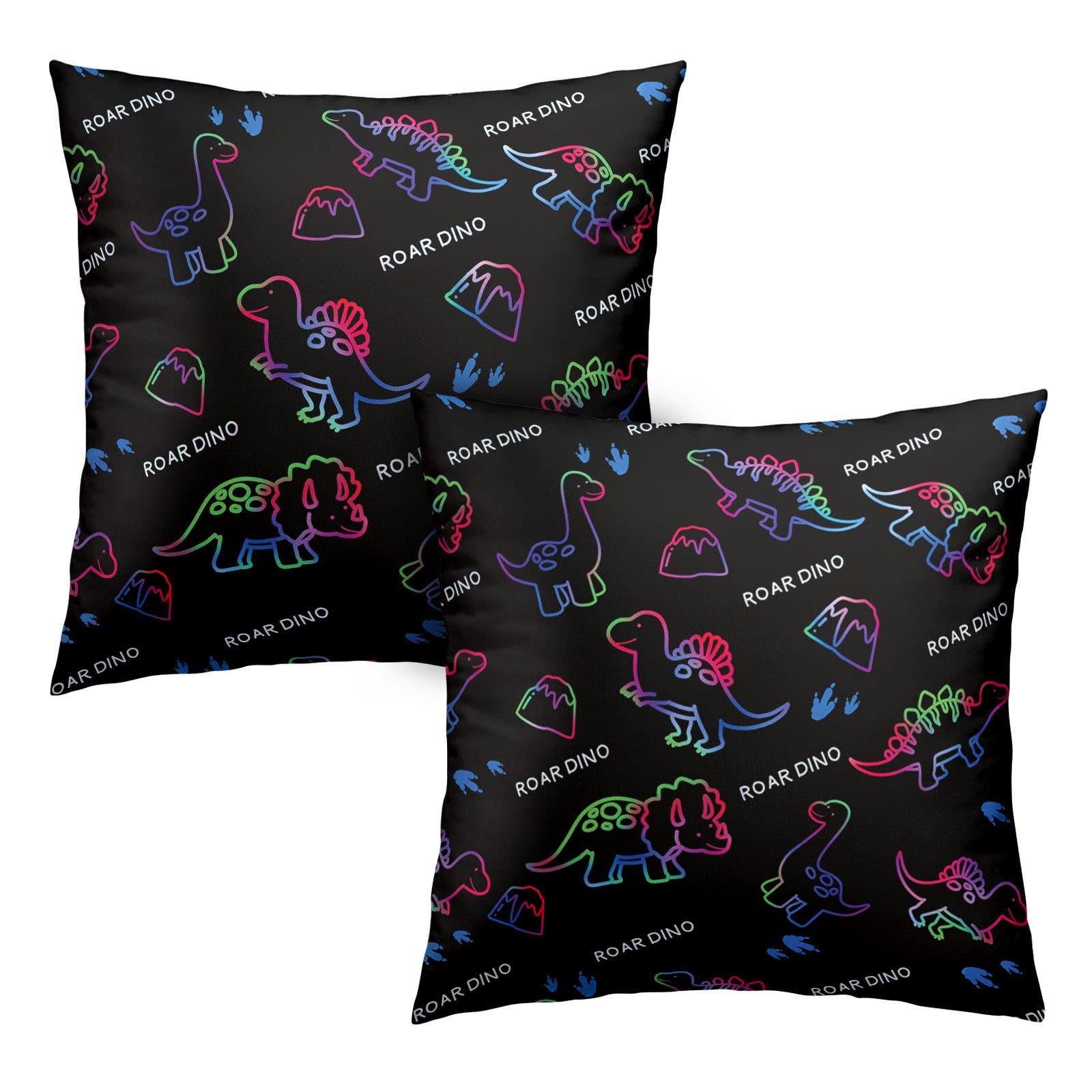 Kwlegh Lovely Colorful Cartoon Throw Pillow Covers 18x18 Road Dino Pillow Covers Set of 2 Cotton Blend Black Decorative Pillow Cases Room Decor for Boys Girls Kids