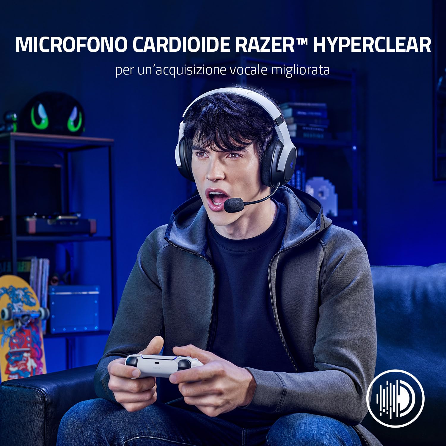 Razer Kaira per Playstation - Doppia Cuffia Wireless per PlayStation 5 - Driver TriForce da 50mm - Microfono Cardioide HyperClear - SmartSwitch - Schiuma di Memoria FlowKnit, Nero-Bianco