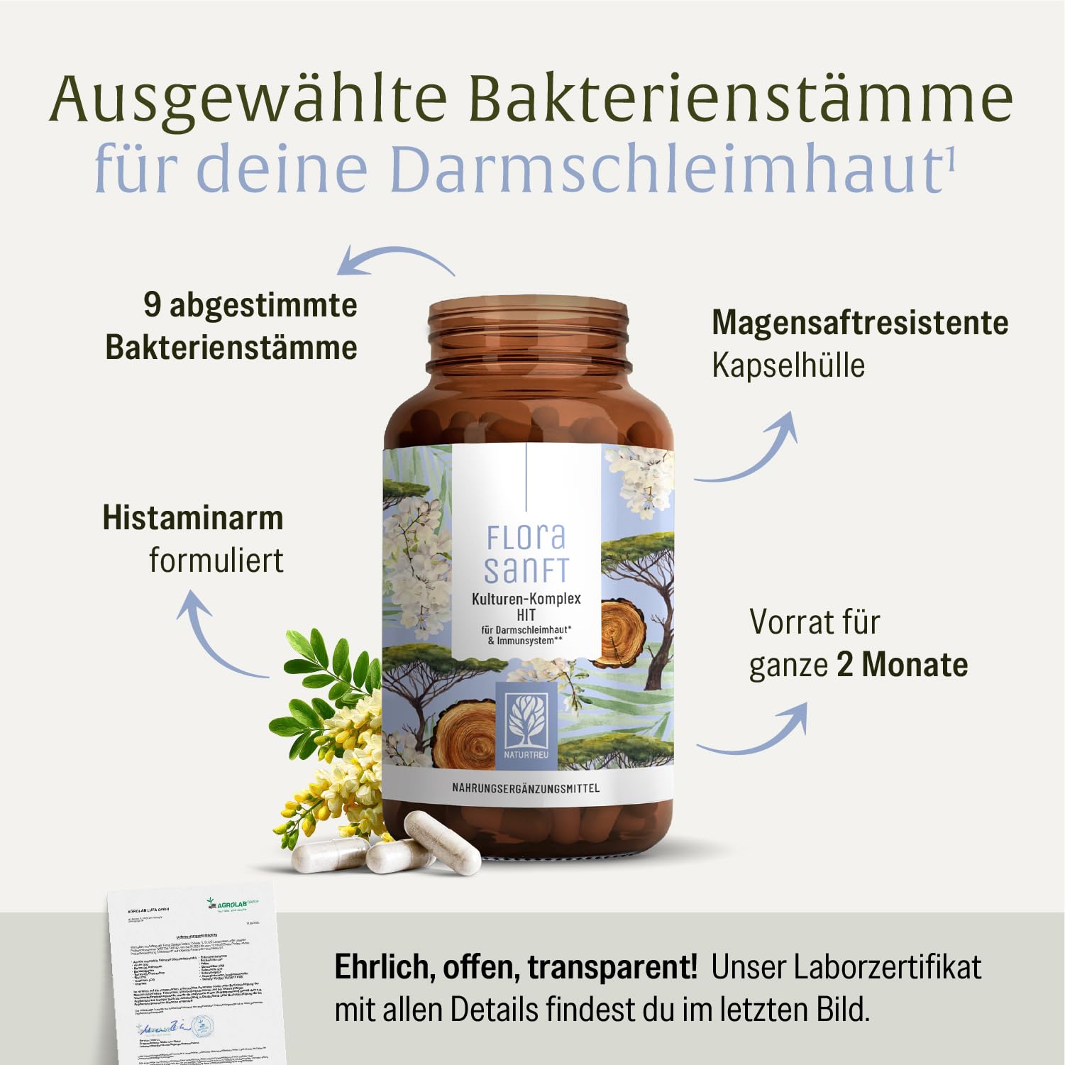 NATURTREU Kulturen-Komplex HIT + FI mit Lactobacillus & Bifidobakterien, auch bei Histaminintoleranz & Fructoseintoleranz, 60 magensaftresistente Kapseln, ergänzt durch Vitamin B2 und Vitamin B6