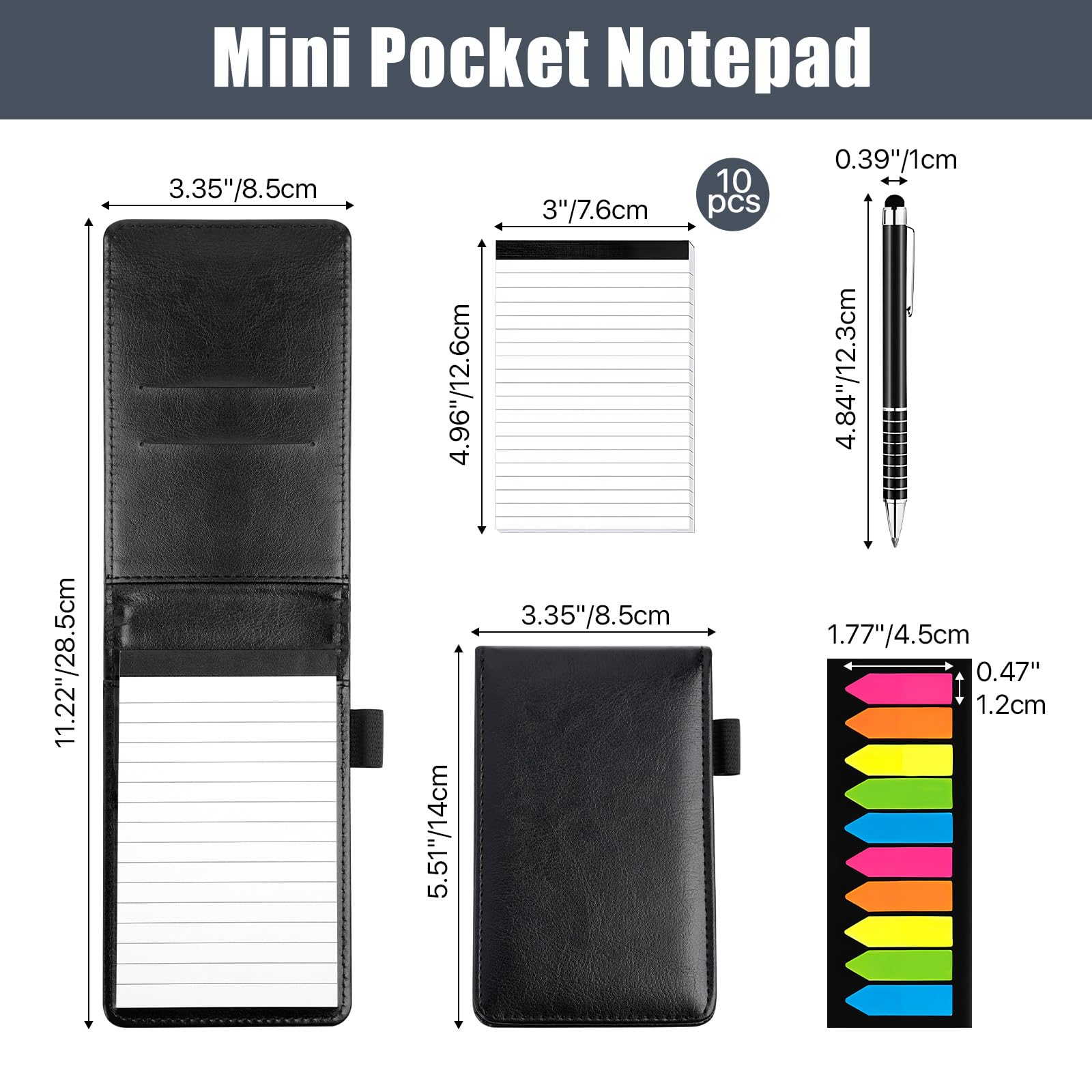 Akamino 12 Pcs Mini Pocket Notepad Holder Set, A7 PU Leather Notebook Holder with Lined Sheets,Metal Pen &3x5In Memo Book Refills with 30 Lined Paper Per Note Pad for Conference Business Travel(Black) - Image 2