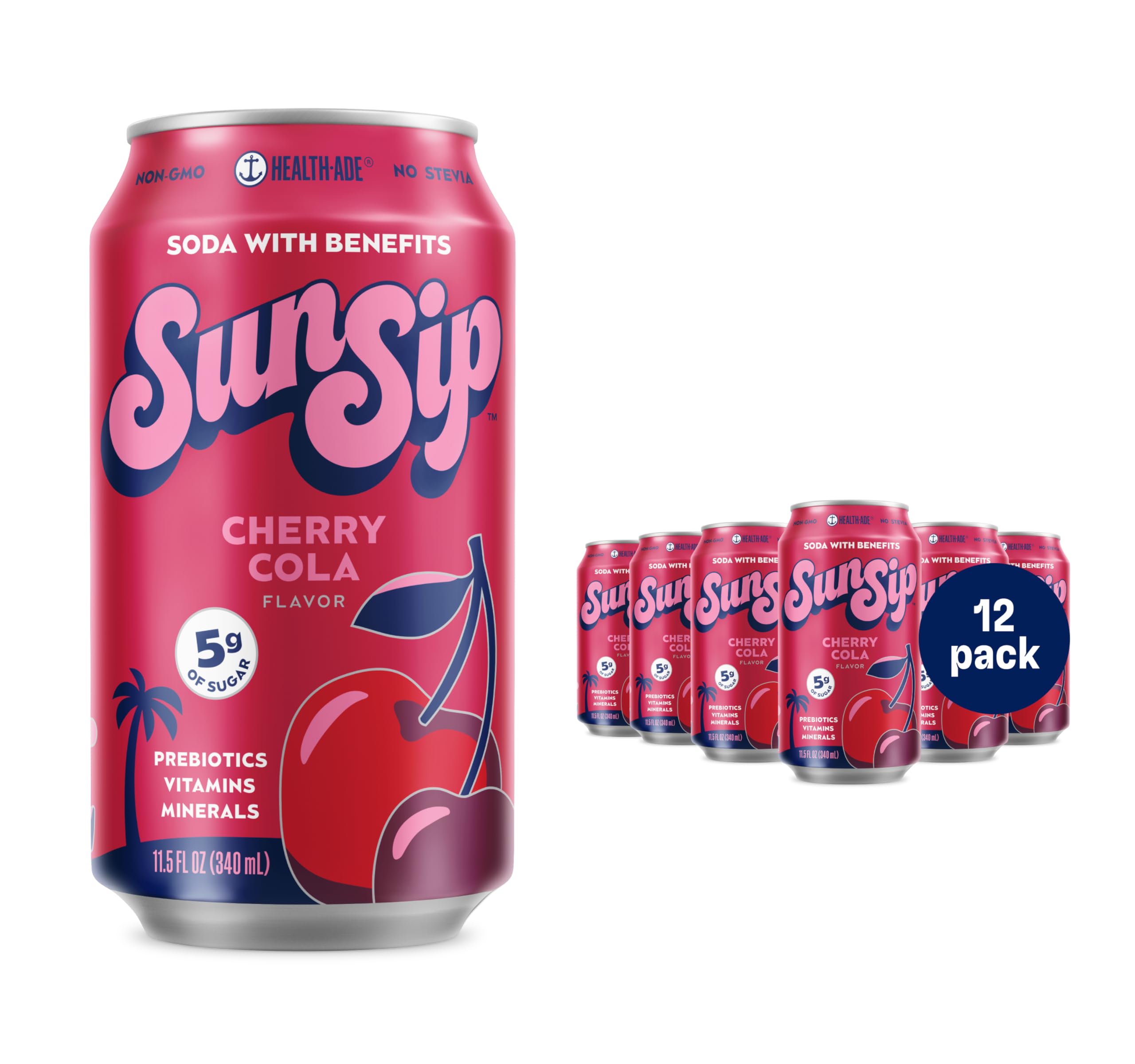 SunSip Prebiotic Soda by Health-Ade, Gut-Healthy Beverage, Soda Swap, Vitamins & Minerals, Naturally Sweetened with 5g of Sugar, Cherry Cola, 11.5 oz (12 Pack)