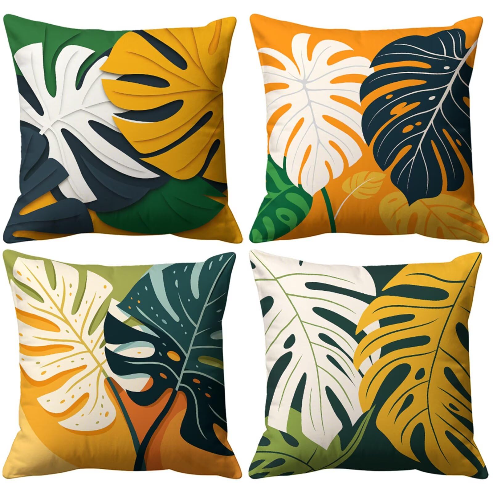 QiHon Yellow White Leaves Cushion Covers 60x60 cm Set of 4, Decorative Throw Pillow Cases, 24x24 inch Square Linen Pillowcases for Sofa Living Room Bedroo