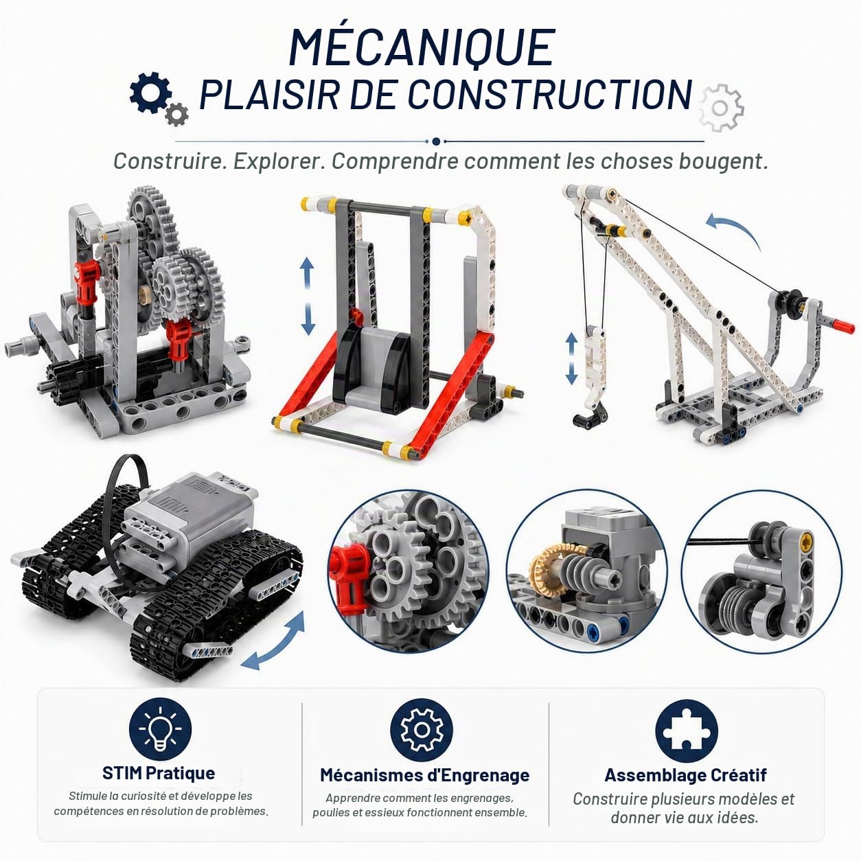 Lot de 548 Composants de Construction mécaniques, Engrenages, Axes, connecteurs et éléments ABS pour projets créatifs et modèles à Assembler