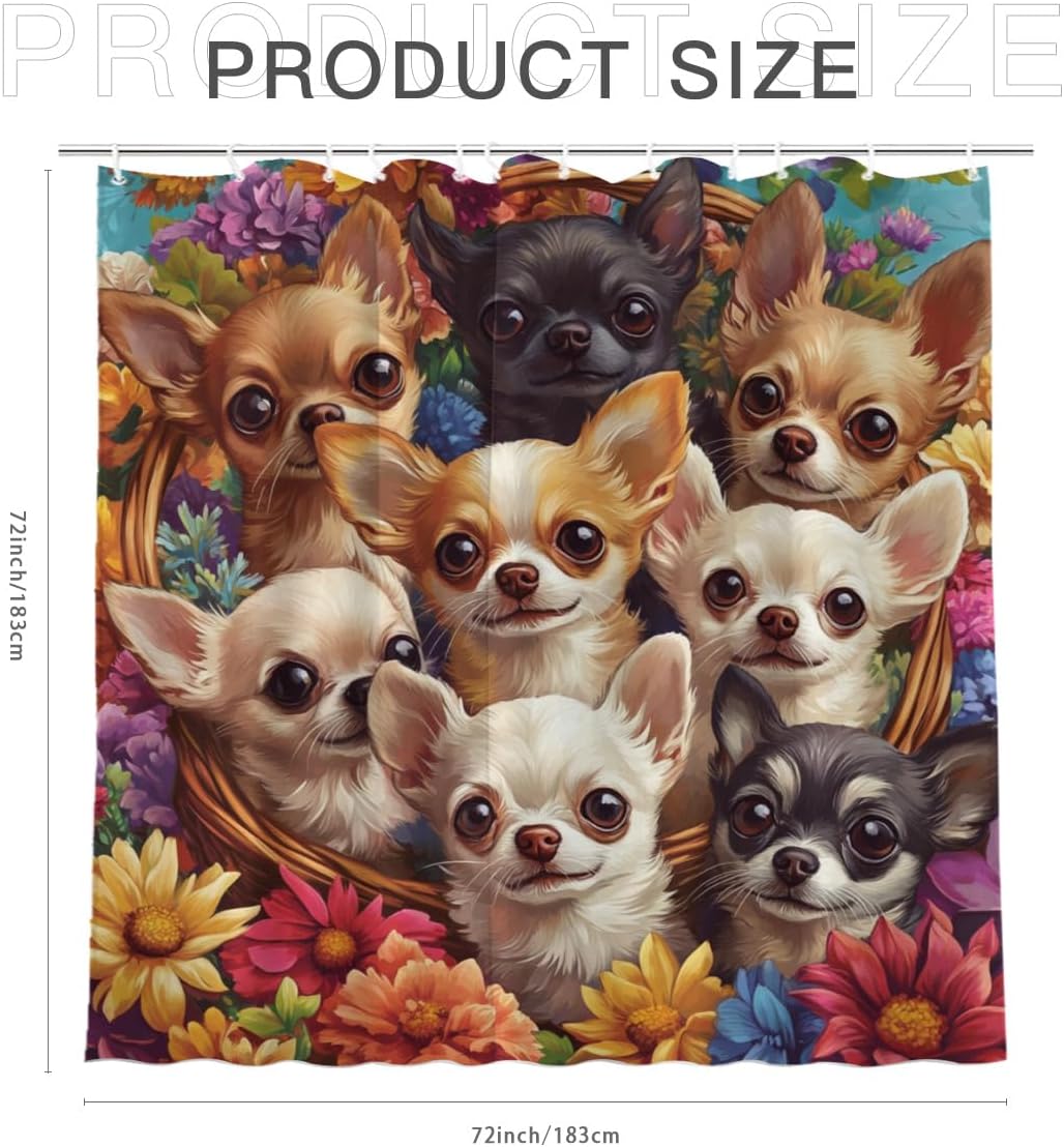 Chihuahua Shower Curtain, Adorable Chihuahua with Colorful Flowers, Cute Animal Bathroom Decor, Waterproof Polyester Fabric with Hooks, 72x72 Inches