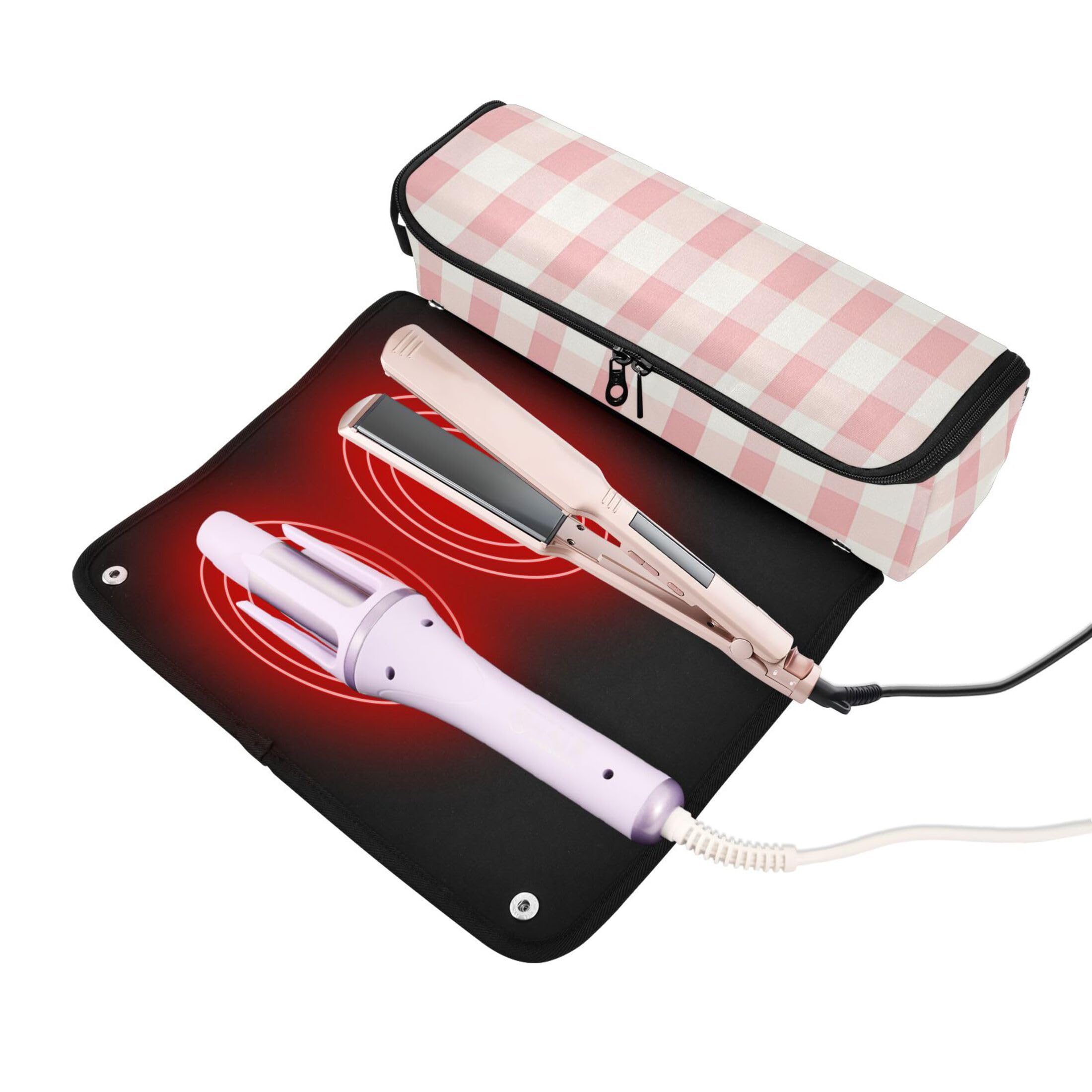 linqin Hair Tool Travel Bag for Women and Heat Resistant Mat Large Hair Straigheners Travel Case for Curling Iron Straightener Flat Hair Dryer, Pink White Checkered