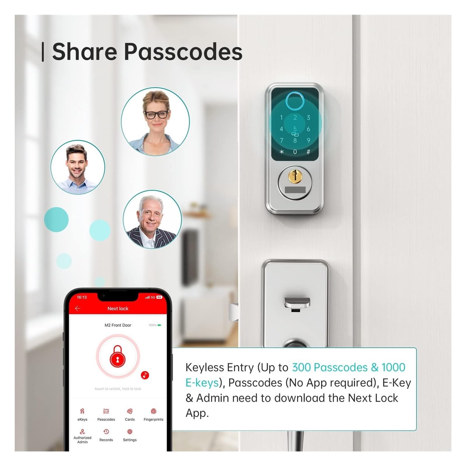 Smart Door Lock Keyless Entry Con G2 Impronta Digitale Catenaccio Serrature Tastiera Serratura Elettronica Anteriore Casa Remota Installazione semplice fai da te(Noir)