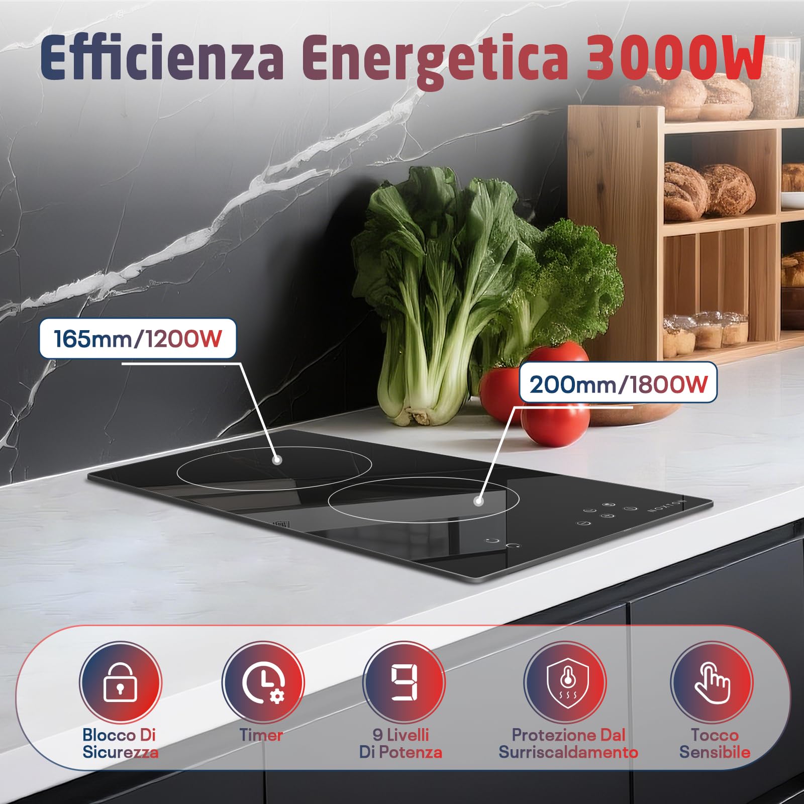 Piano Cottura Vetroceramica 2 Fuochi, 30cm Ceramica Cucina Incasso, 3000W | Piastra Elettrica, Toccare, Timer, Serratura di Sicurezza, Fornello Elettrico 2 Piastre per Maggior Pentola