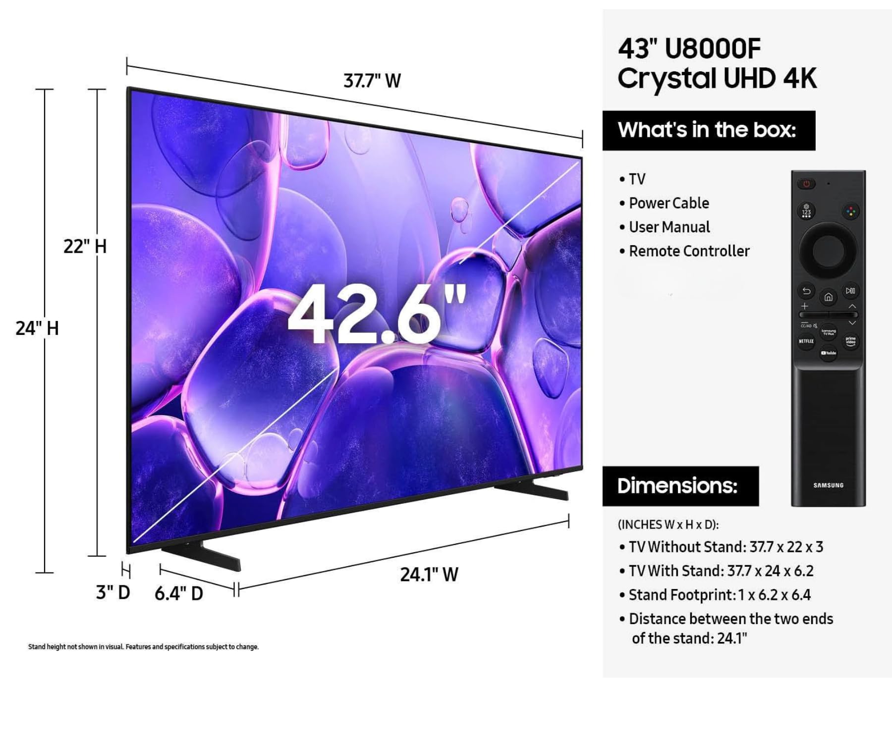 Samsung 43 Inch Smart TV 2025 Class U8000 Series Crystal UHD 4K Smart Tizen TV with Bluetooth, Motion Xcelerator(Renewed)