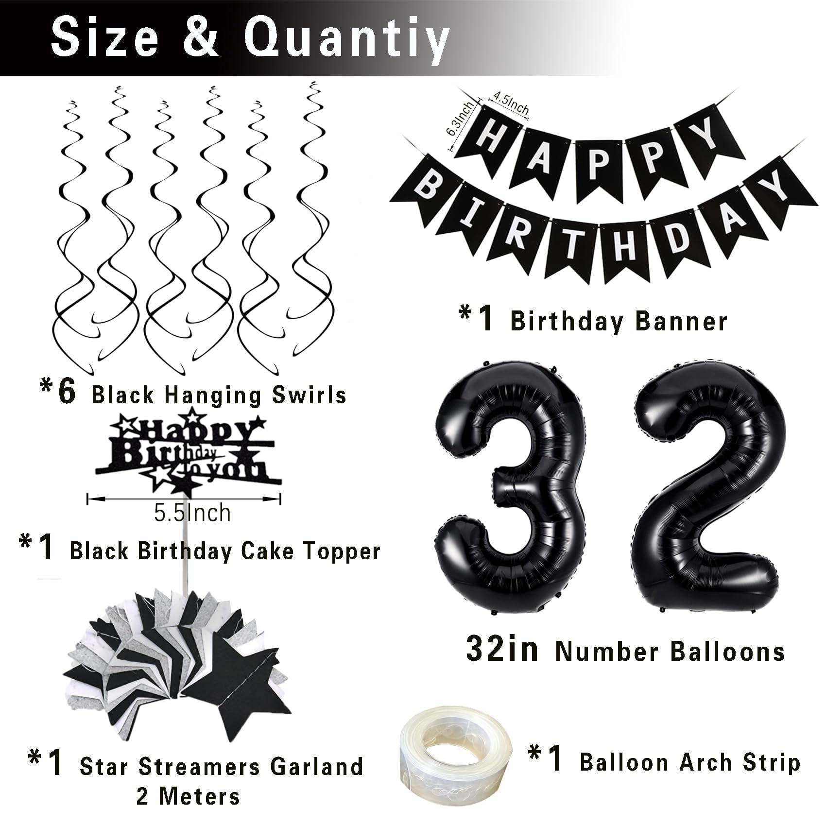 Happy 32nd Birthday Door Sign Banner - Black & Silver Star Design, Cheers To 32 Years, Party Decoration Backdrop - View #3