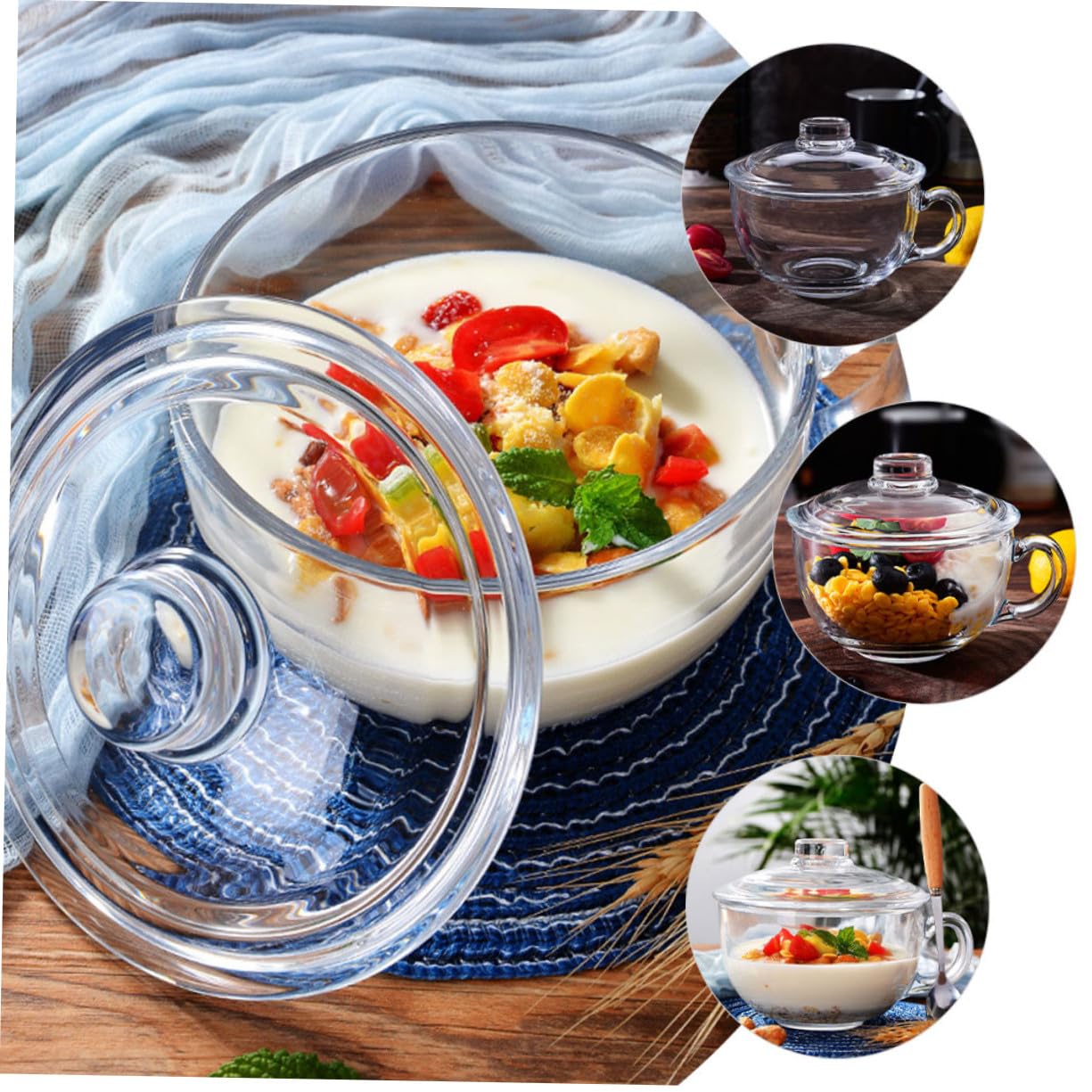 Alipis Tazón de Vidrio Transparente de 600ml con Tapa y Asa para Desayuno o Ensalada, Recipiente Creativo y Funcional para Uso Doméstico