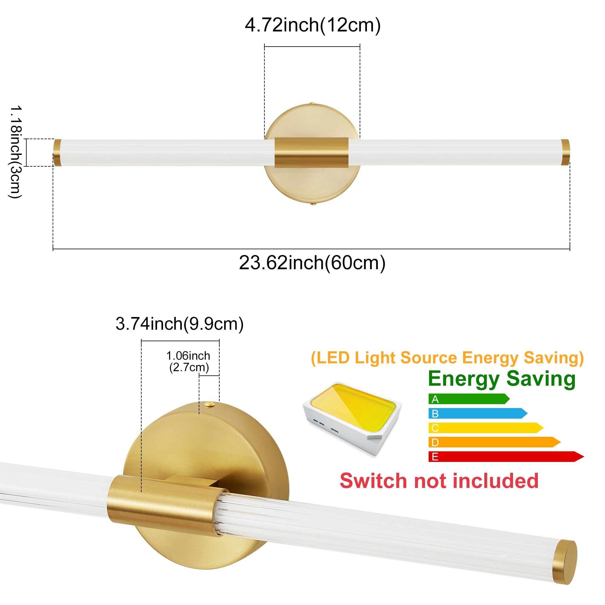 LED Wandleuchte 360° Wandbeleuchtung Innen Wandlampe Gold 60cm | Wasserdicht IP44 8W 800Lumen 3CCT Einstellbar 3000K-6000K Badleuchte Bilderlampe Für Wohnzimmer Badzimmer Schlafzimmer