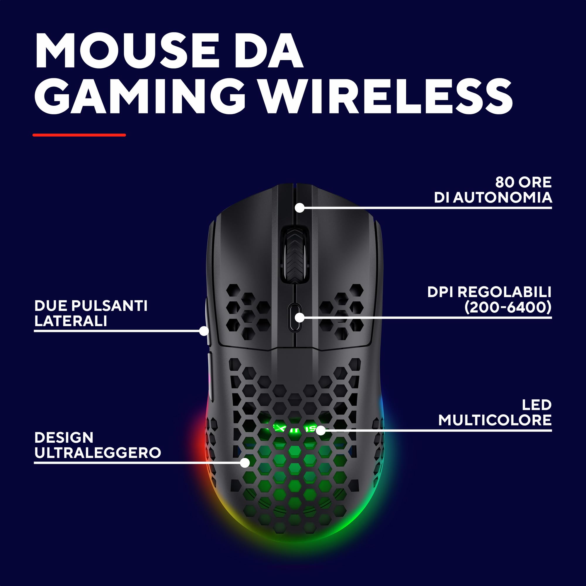 Trust Gaming GXT 929 Helox Mouse Gaming Wireless Superleggero 75g, 80h di Durata Batteria, 2.4GHz Ricevitore USB, Regolazione DPI (800-4800), Illuminazione LED, Mouse Wireless Ricaricabile - Nero
