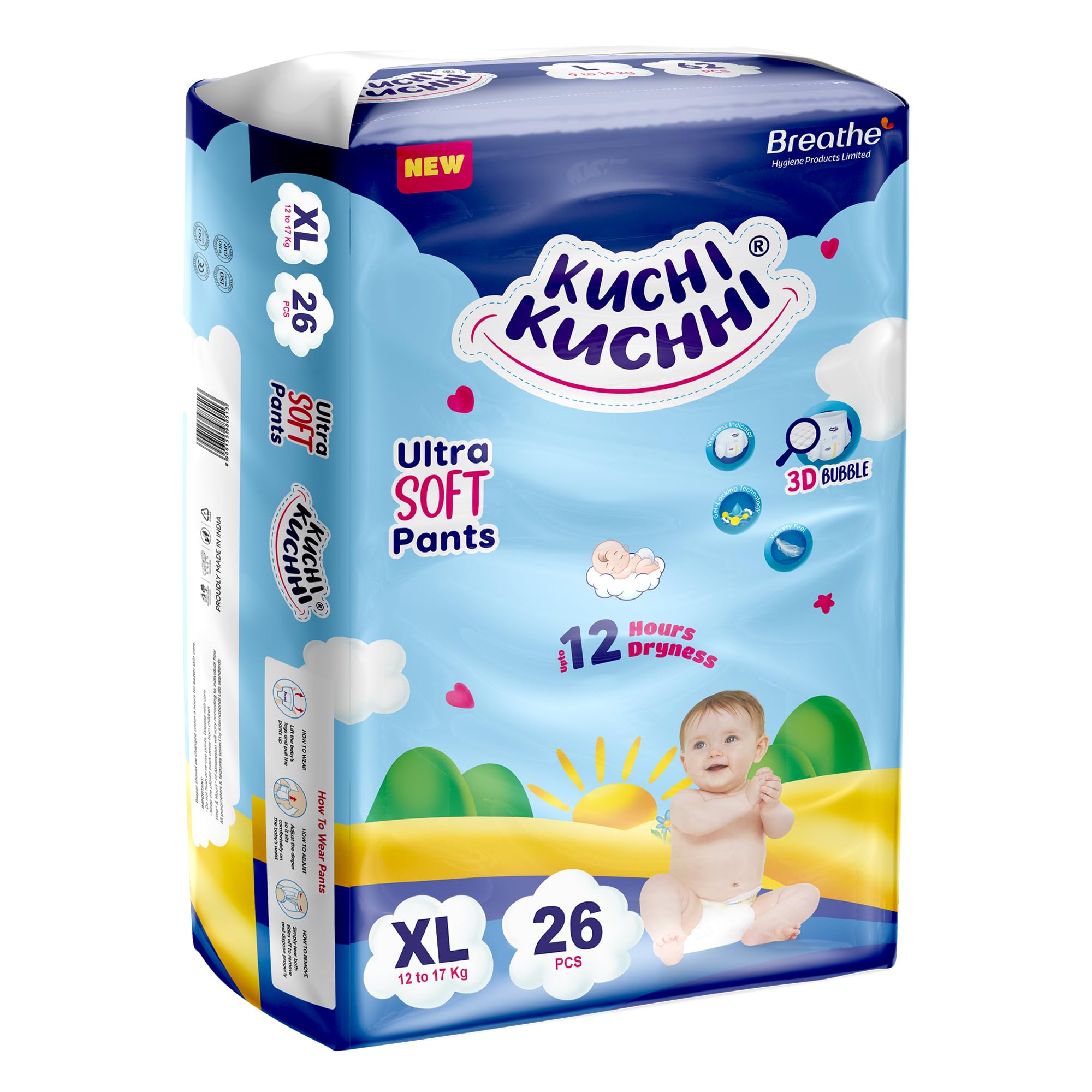KUCHI KUCHHI Premium super soft baby diaper with a 3D bubble top and super absorbent core | Added active leak barriers and wetness indicators - XL Size, 26 Count-image-26