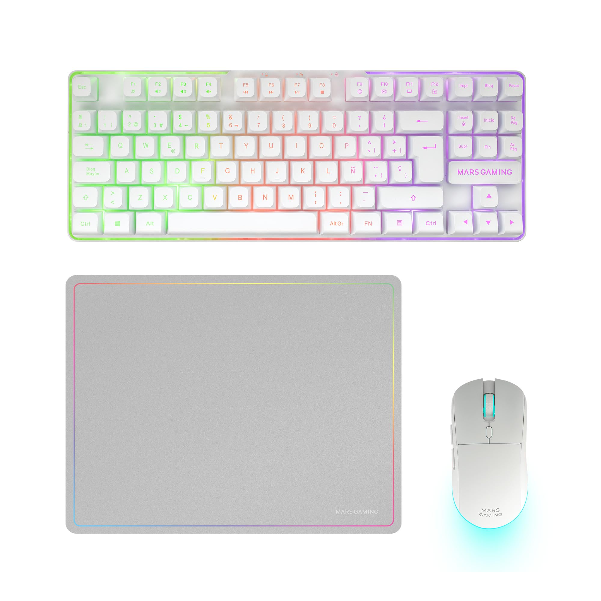 Mars Gaming MCPWTKL, Portuguese, Wireless Gaming Combo, DualPro Link 2.4GPRO Technology, TKL FRGB Rainbow Keyboard + RGB Mouse 3200DPI and HUANO Switches + Non-Slip Mat 360x260mm, White