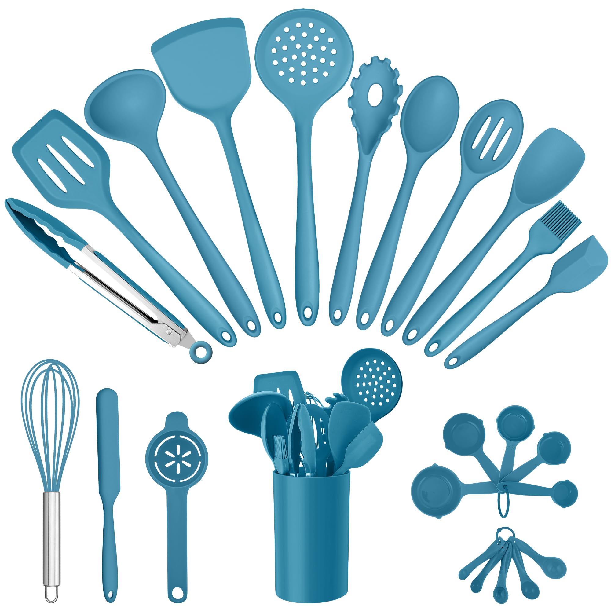 E-far Juego de utensilios de cocina de silicona, 25 piezas con soporte, herramientas de cocina no tóxicas, espátula, volteador, cucharón, para utensilios de cocina antiadherentes, resistentes al calor