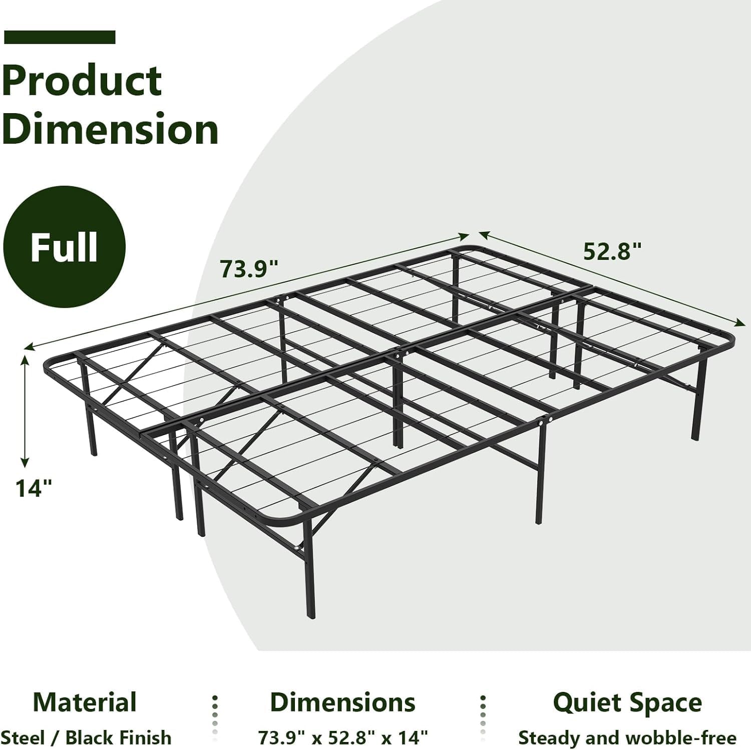 Foldable Full Size Bed Frame，Metal Platform with 14" Underbed Storage, Heavy Duty，Noise Free,Easy Foldable Assembly, No Box Spring Needed,Black