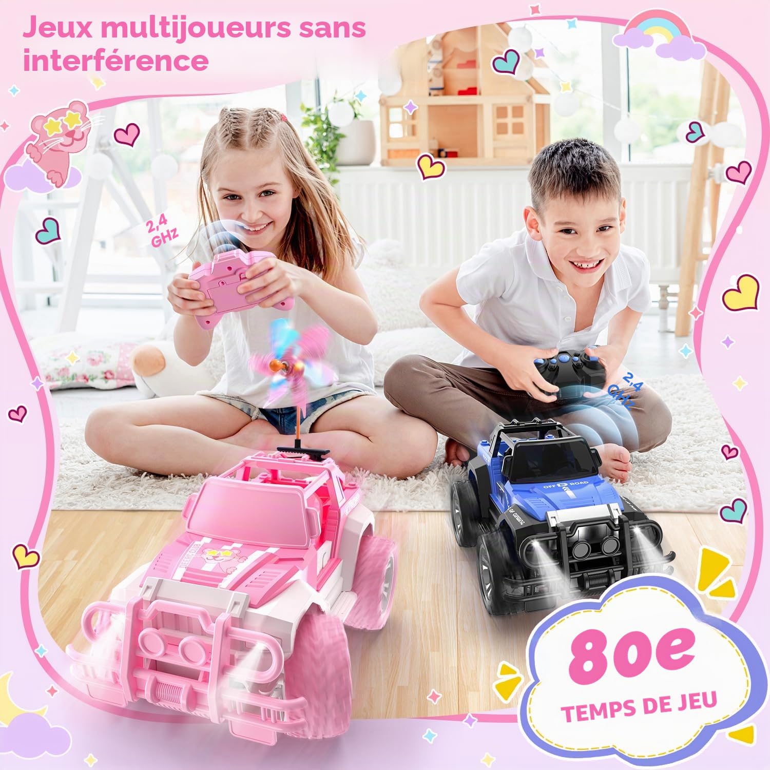 DEERC 1:18 Jeep Rose Voiture télécommandée Fille Phare LED 2.4GHz Monster Truck Voiture Tout-Terrain pour 6 7 8 9 Ans Garçons et Filles RC Voiture Jouet Cadeau Filles 6 Ans et Plus