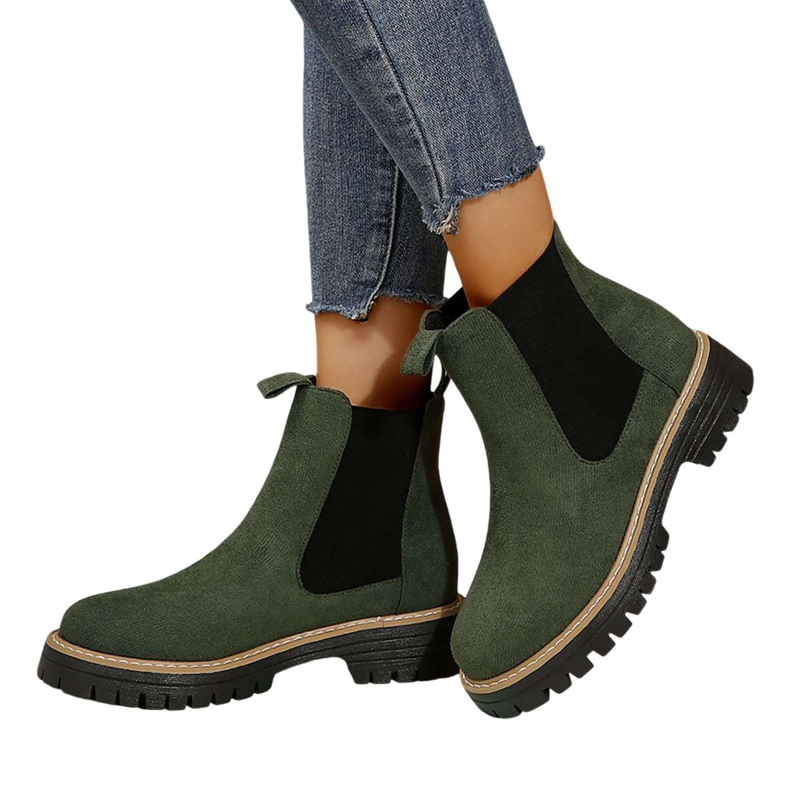 Petite - Botines de gamuza para mujer, de moda, estilo Chelsea, para invierno, hasta la rodilla, tacón de bloque, para días lluviosos, viajes, oficina, por encima de la rodilla, verde oscuro, 39.5 EU