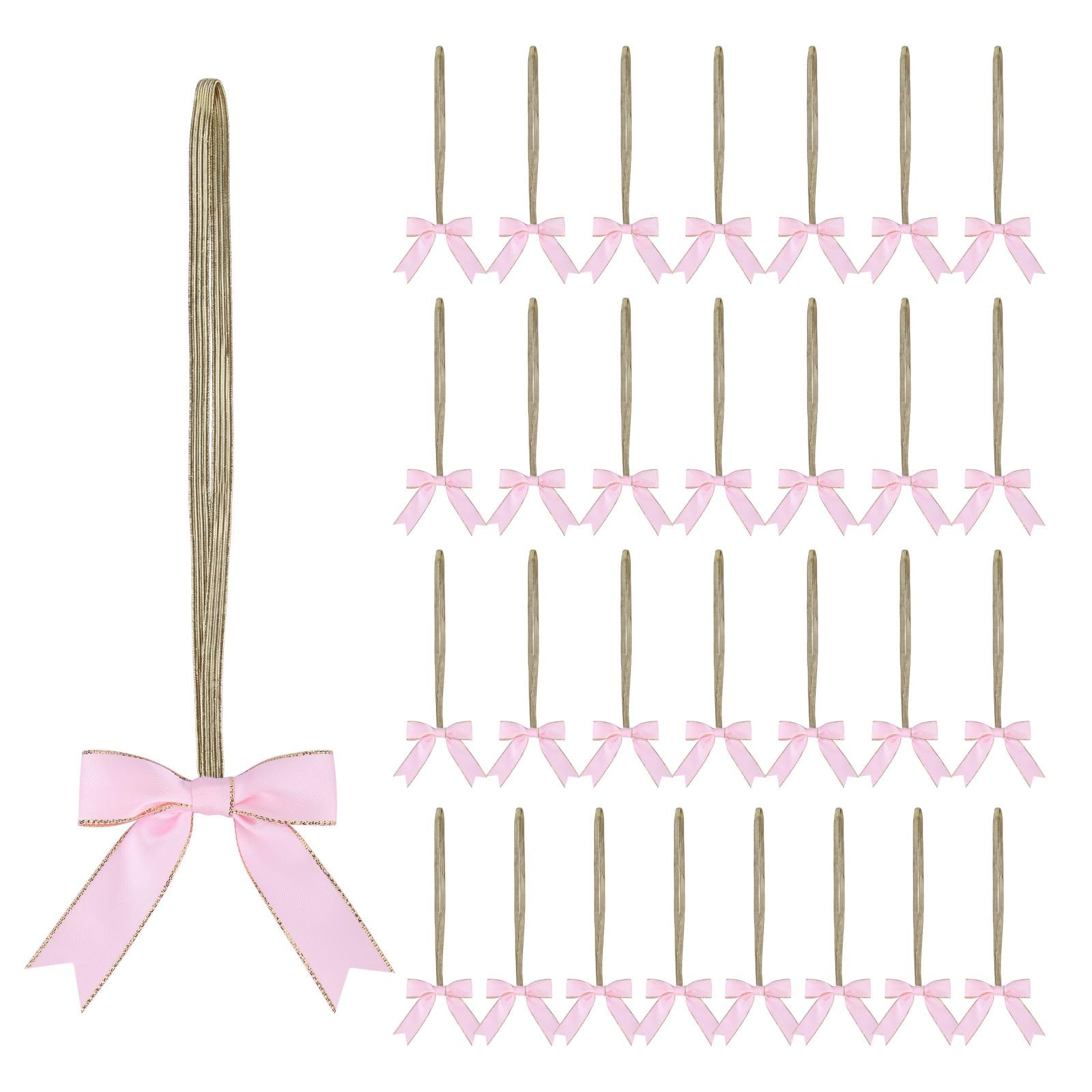 Meseey 30pcs 8 Inch Gold Stretch Elastic Loops with Pink Pre-Tied Double Face Satin Gold Edge Ribbon Bows for Gift Wrapping,Baby Showers, Weddings,