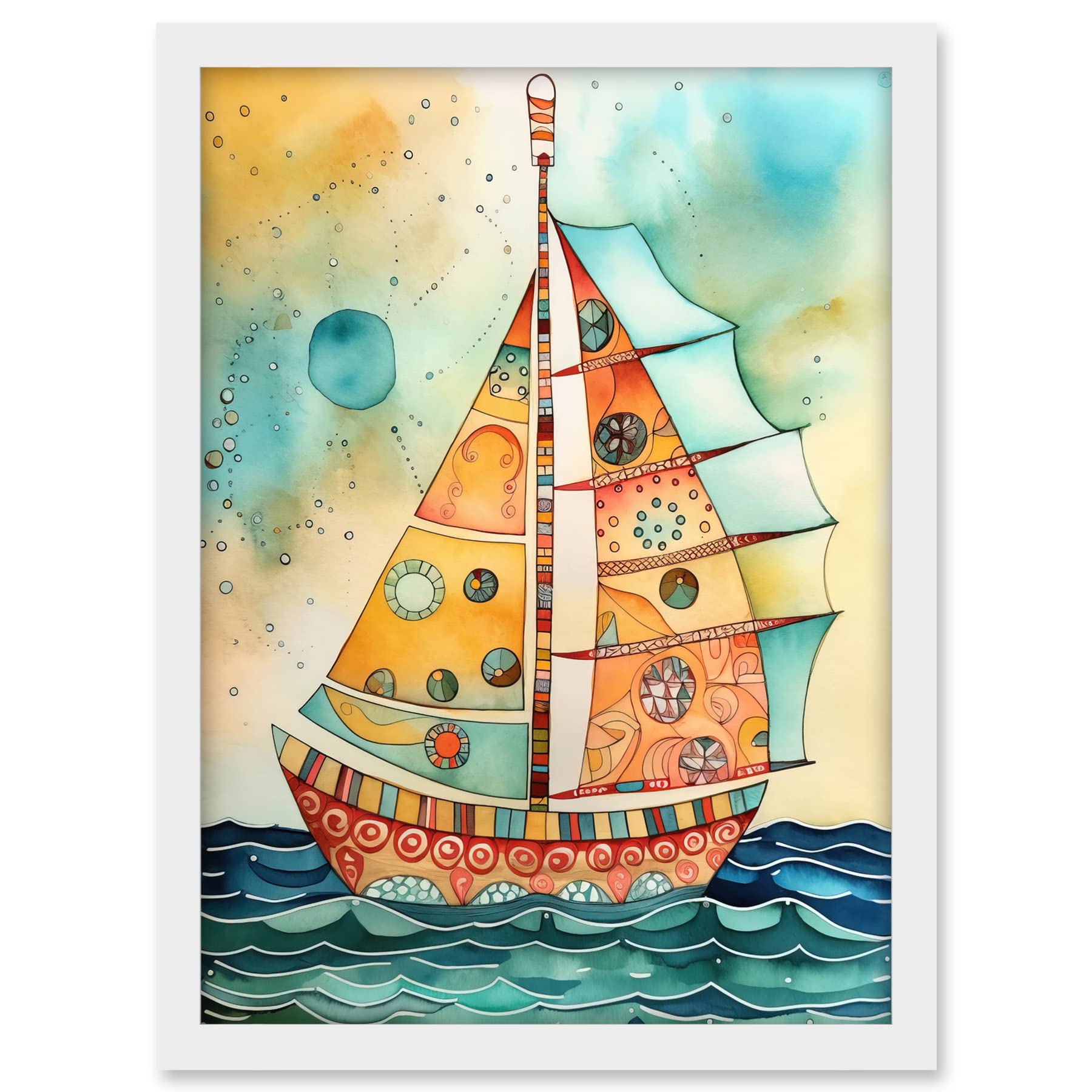 Artery8 Sailboat Concept With Dorsal Fin Sail Folk Art Artwork Framed A3 Wall Art Print