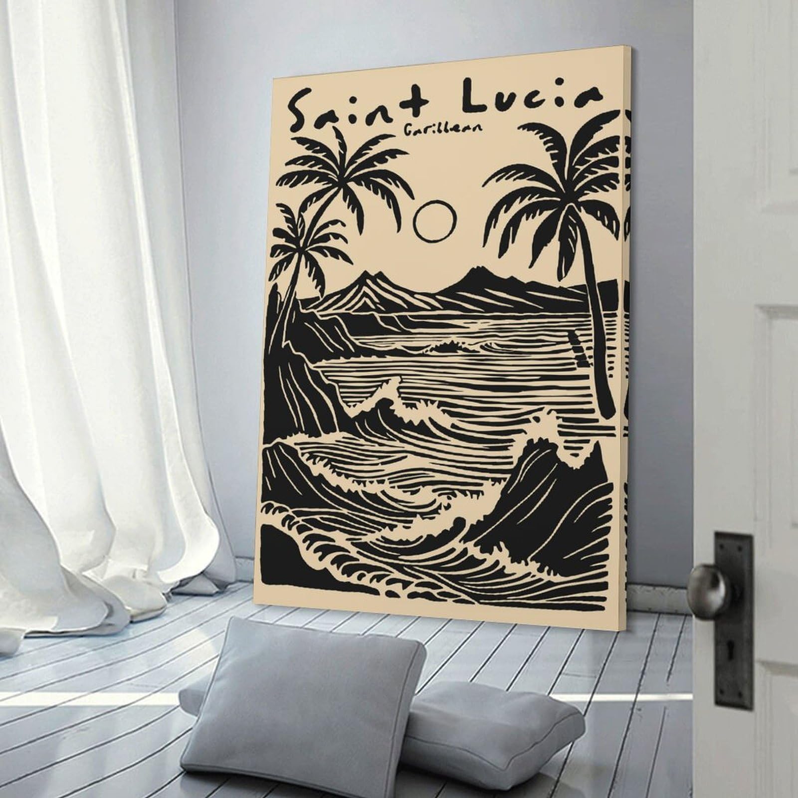 Junmoney Decorative Canvas Print Saint Lucia Caribbean Black And Beige Print, 20x30inch(50x75cm), for Entrance Walls, Hall Decor Or Foyers, A Stylish Accent for Home Entrances