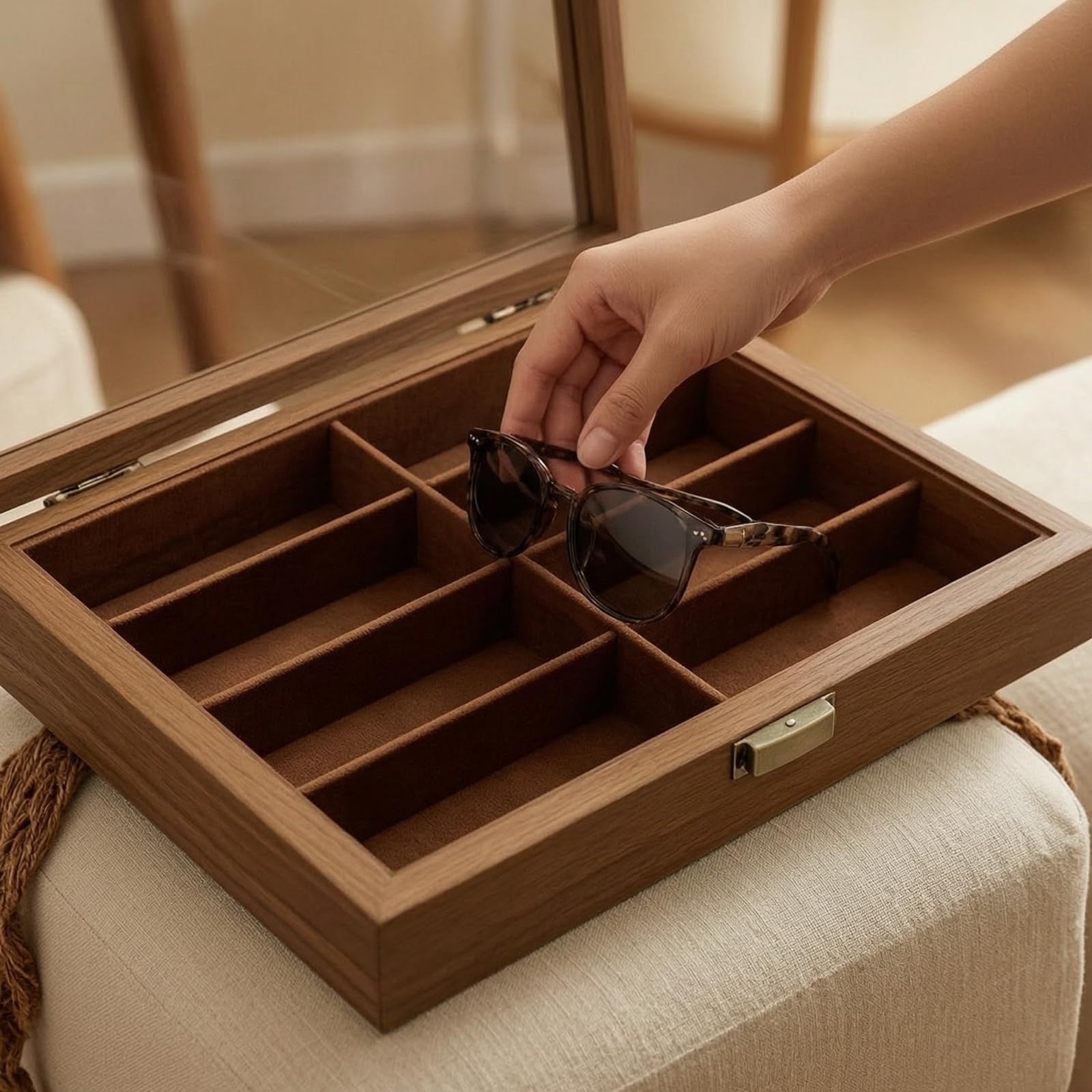 Brillen Aufbewahrungskoffer Brillenetui Brillenorganizer mit Glasfenster Im Deckel Und Sicherem Messingriegel 8 Fächer Sanft Gepolsterte Einlage für