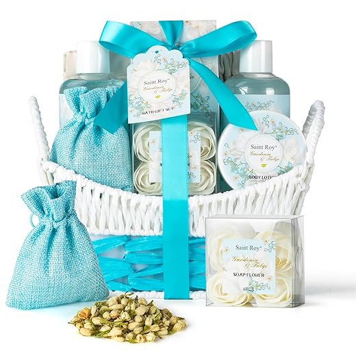Saint Roy Cesta De Presente Com 8pç Para Banho E Corpo, Kit Spa Gardenia Tulip Para Mães, Presente Ideal Para Relaxamento E Autocuidado, Spa Em Casa, Kit Com Mini Bolsa E Carteira Fofa, Presente