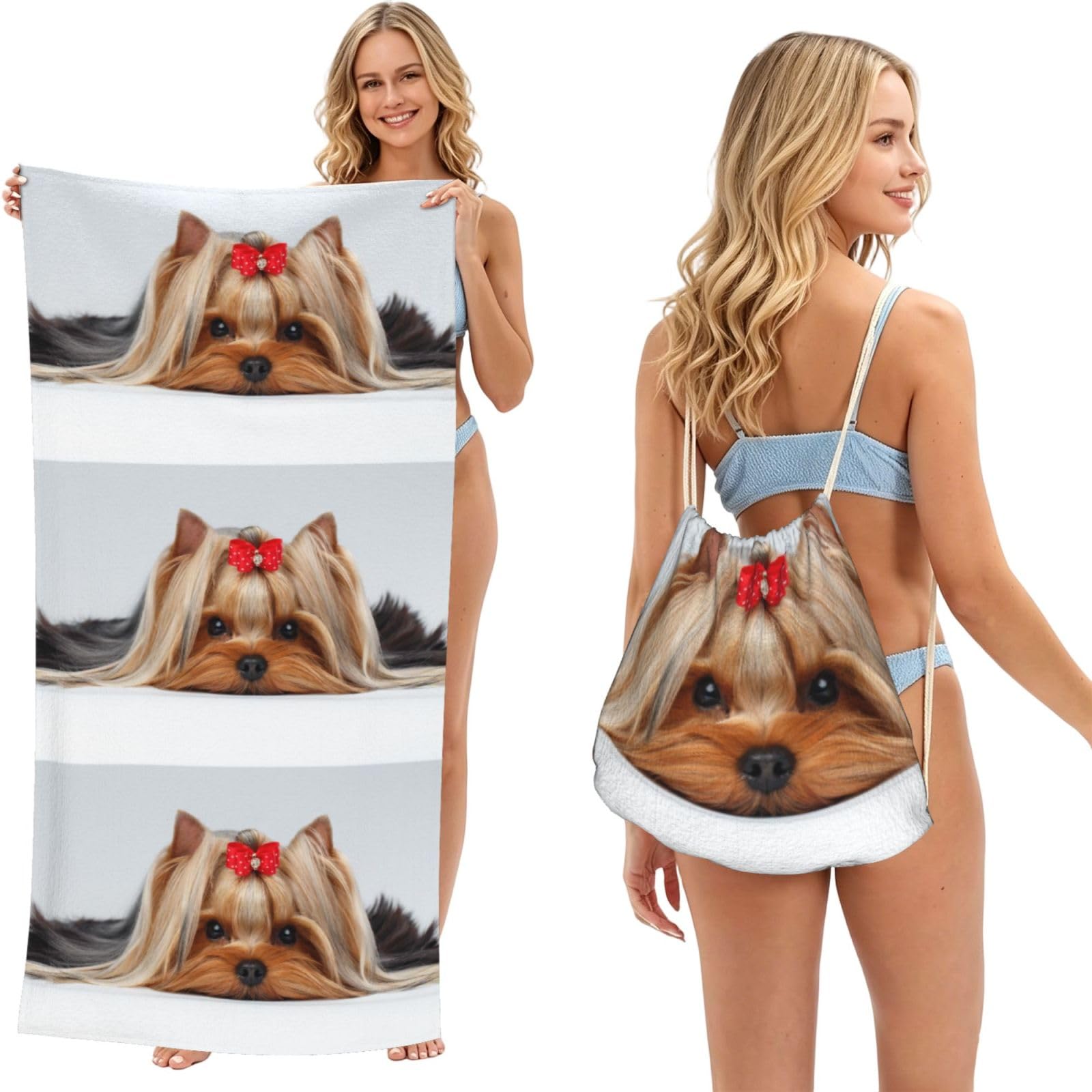 Poadnly As Picture Yorkshire Terrier, 2 In 1 Packable Towel Bag, Beach Towels With Drawstring Backpack For Travel Holiday Camping