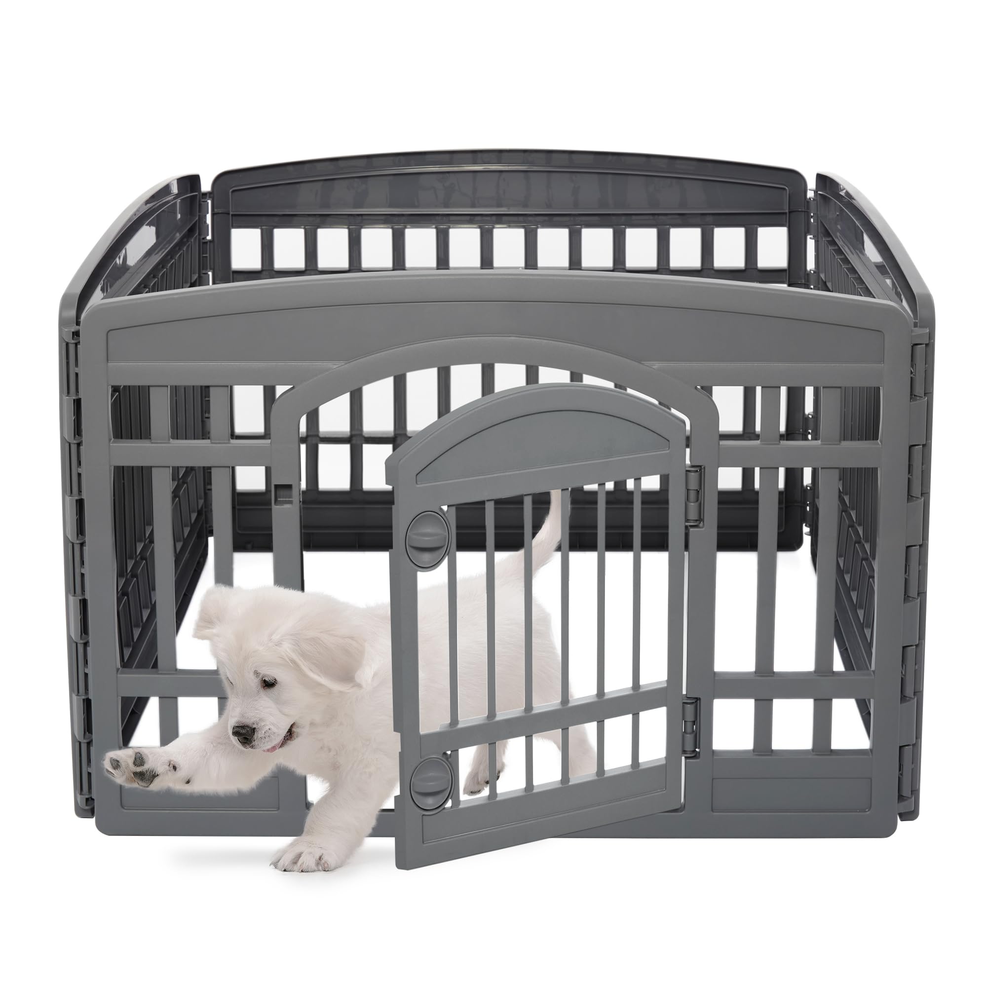 Iris Ohyama Parque para perros con 4 paneles, H60cm, Eco gris, Puerta cerradura, Jaula gatos, Vallas, Corralito, para Para interiores, exteriores, Conejo, Cercado, Plástico reciclado, CI-604E WD