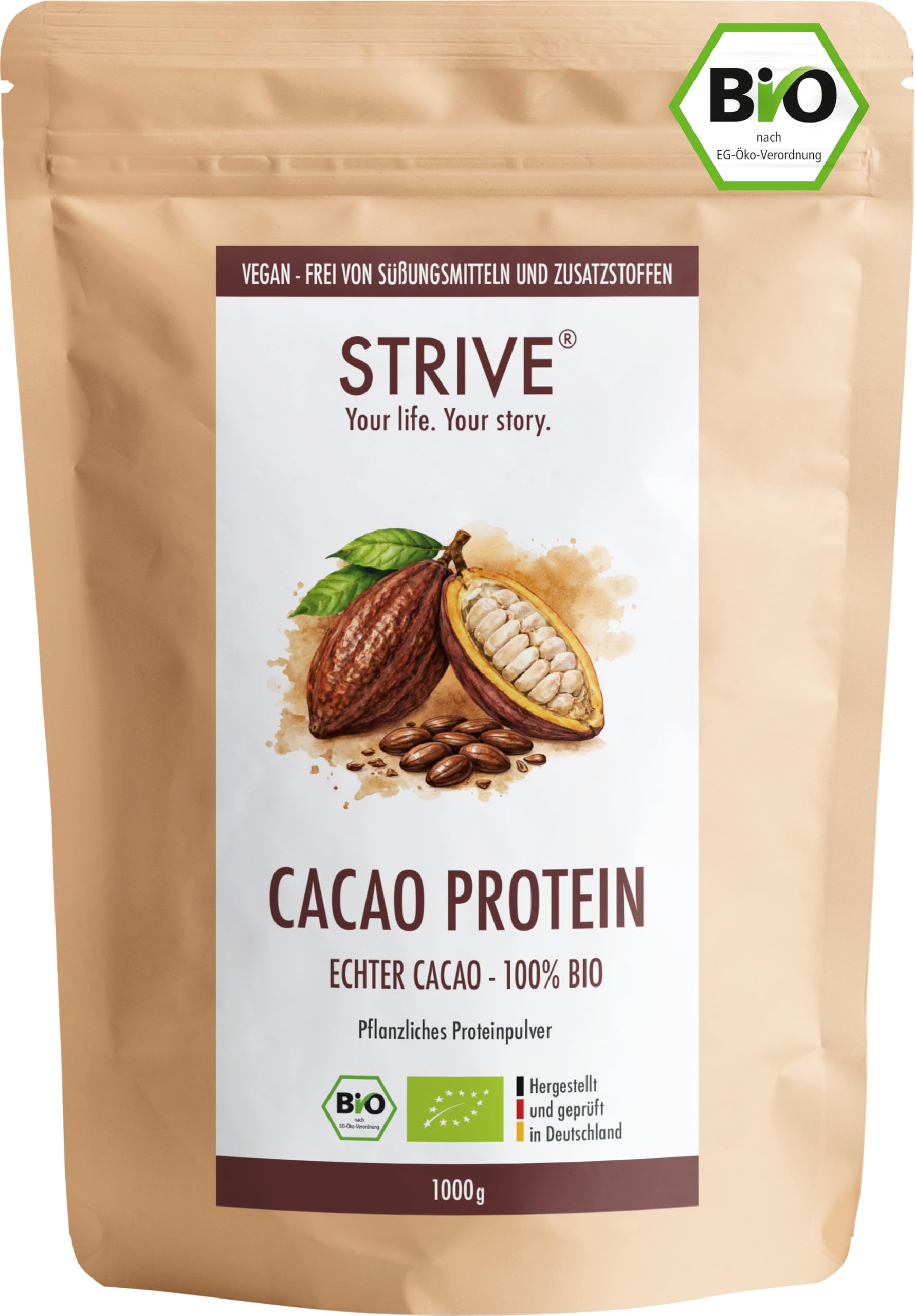 STRIVE CACAO PROTEIN | Vegan | 100% BIO | 1000g Natur Eiweiß mit zertifiziertem Bio Kakao | Ohne Süßungsmittel & Aromen | Ohne Soja & Gluten | Mehrkomponenten 4K | Made in Germany DE-ÖKO-039