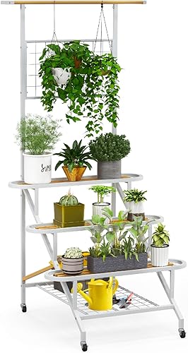 Giantex Soporte colgante para plantas de interior, escalera de metal de 3 niveles con barra para colgar, enrejado, estante de rejilla, soporte alto