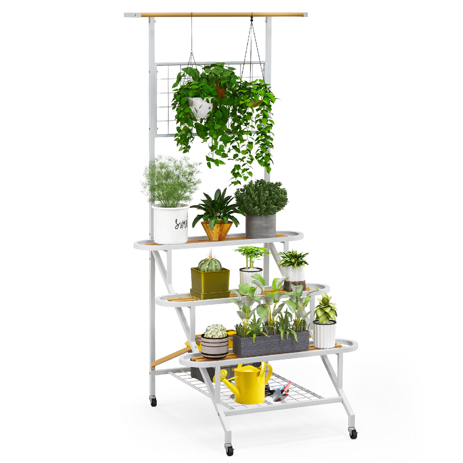 Étagère à Plantes Outsunny 3 Niveaux En Bois Et Métal - Support Pour Pots Avec Crochets - 80x36x174 Cm