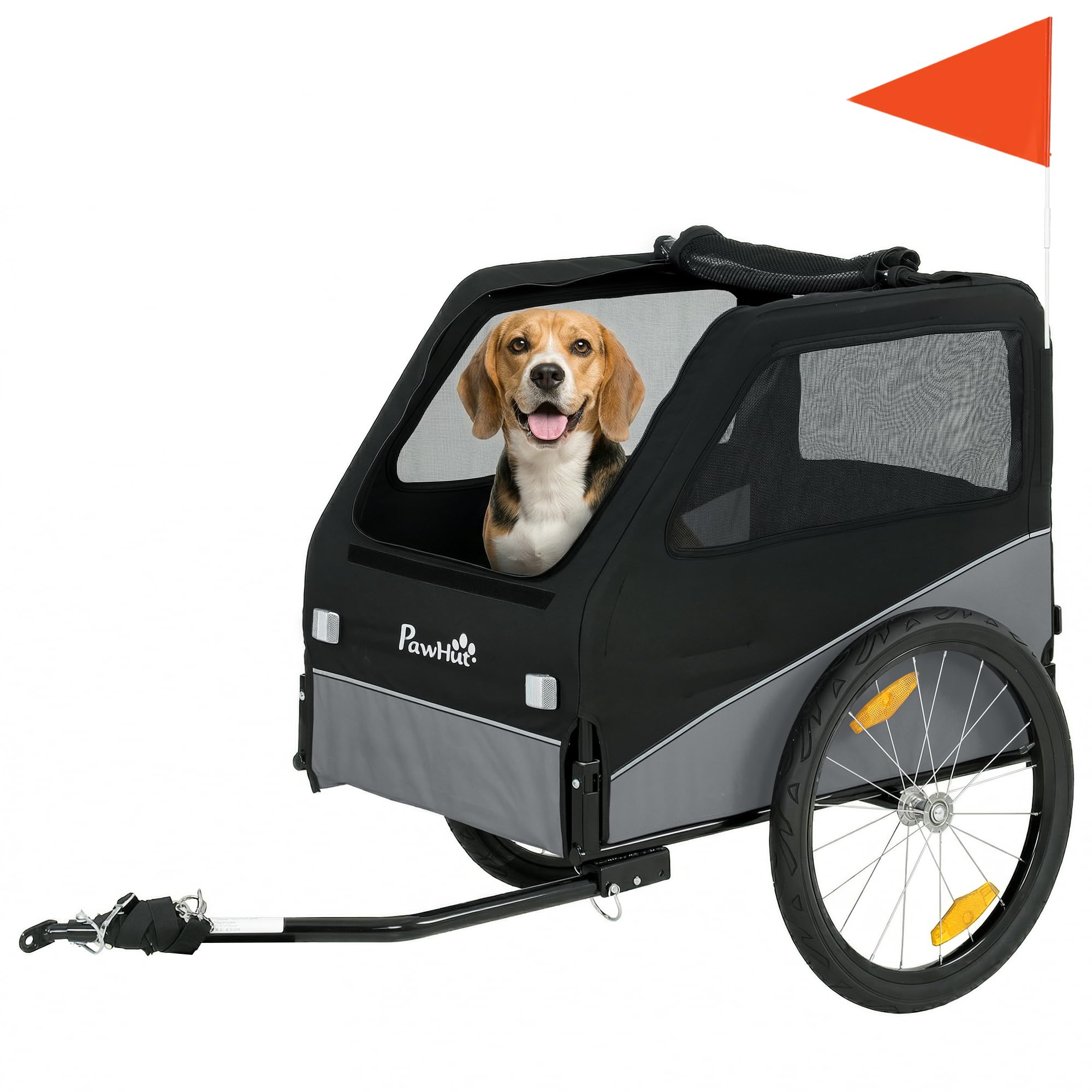 PawHut Remorque Vélo Chien avec Pneus 20" en Caoutchouc à Dégagement Rapide, Chariot pour Chien Moyen avec Attache Universelle, Réflecteurs, Drapeau, Laisse, Charge 20 kg, Gris et Noir