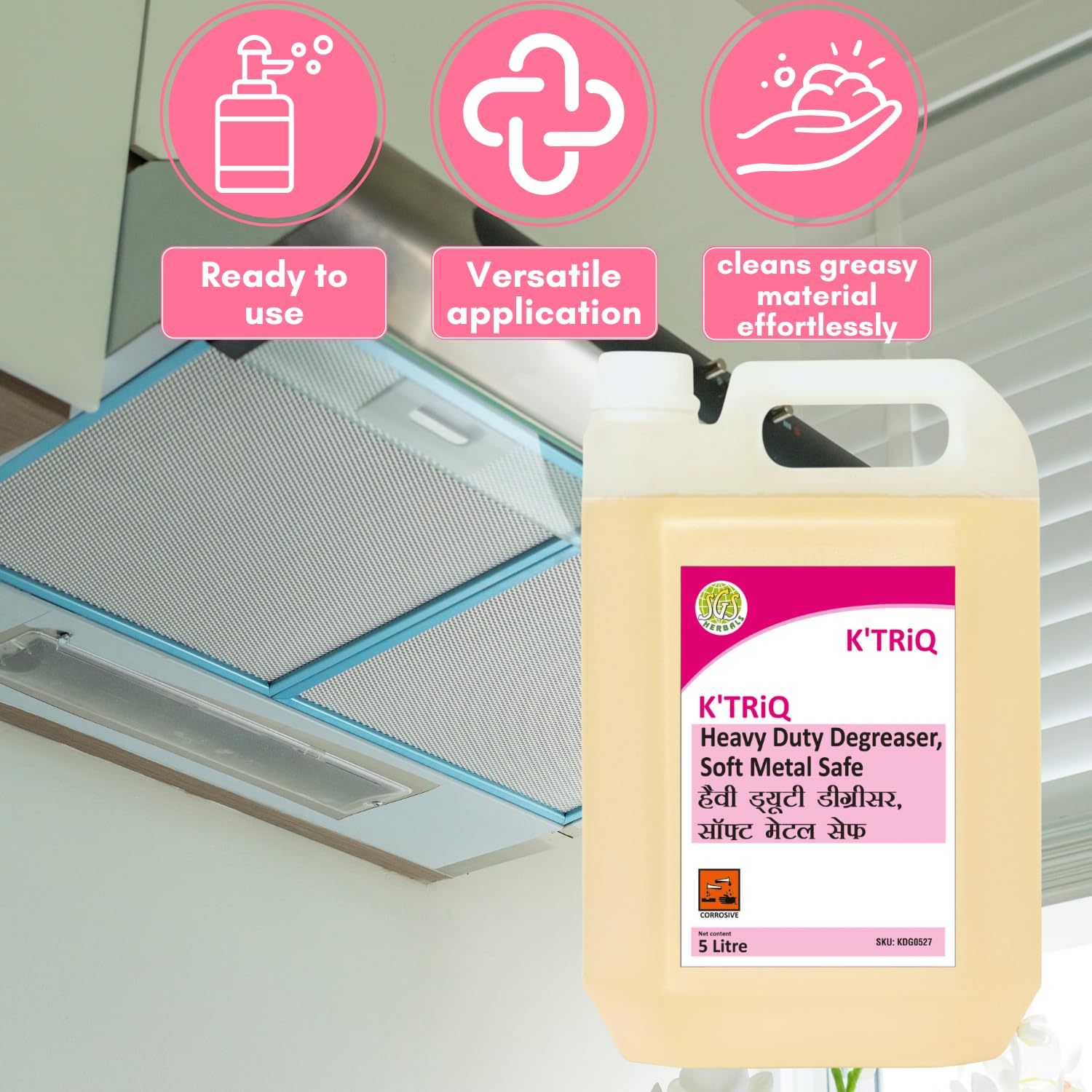 K'TRiQ Powerful Kitchen Cleaner & Degreaser Removes Oil, Food Stains, Grease and Grime. Cleans Kitchen Slabs, Tiles, Floor, Sink, Marble (5 Litre Pack of 1) 4