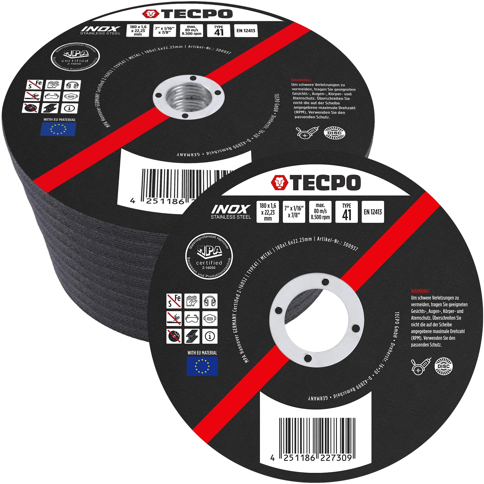 TECPO Lot de 50 disques à tronçonner - Diamètre : 180 mm - Pour meuleuse d'angle - Disques flexibles pour acier, métal et acier inoxydable (INOX) - 1,6 mm - 22,23 mm