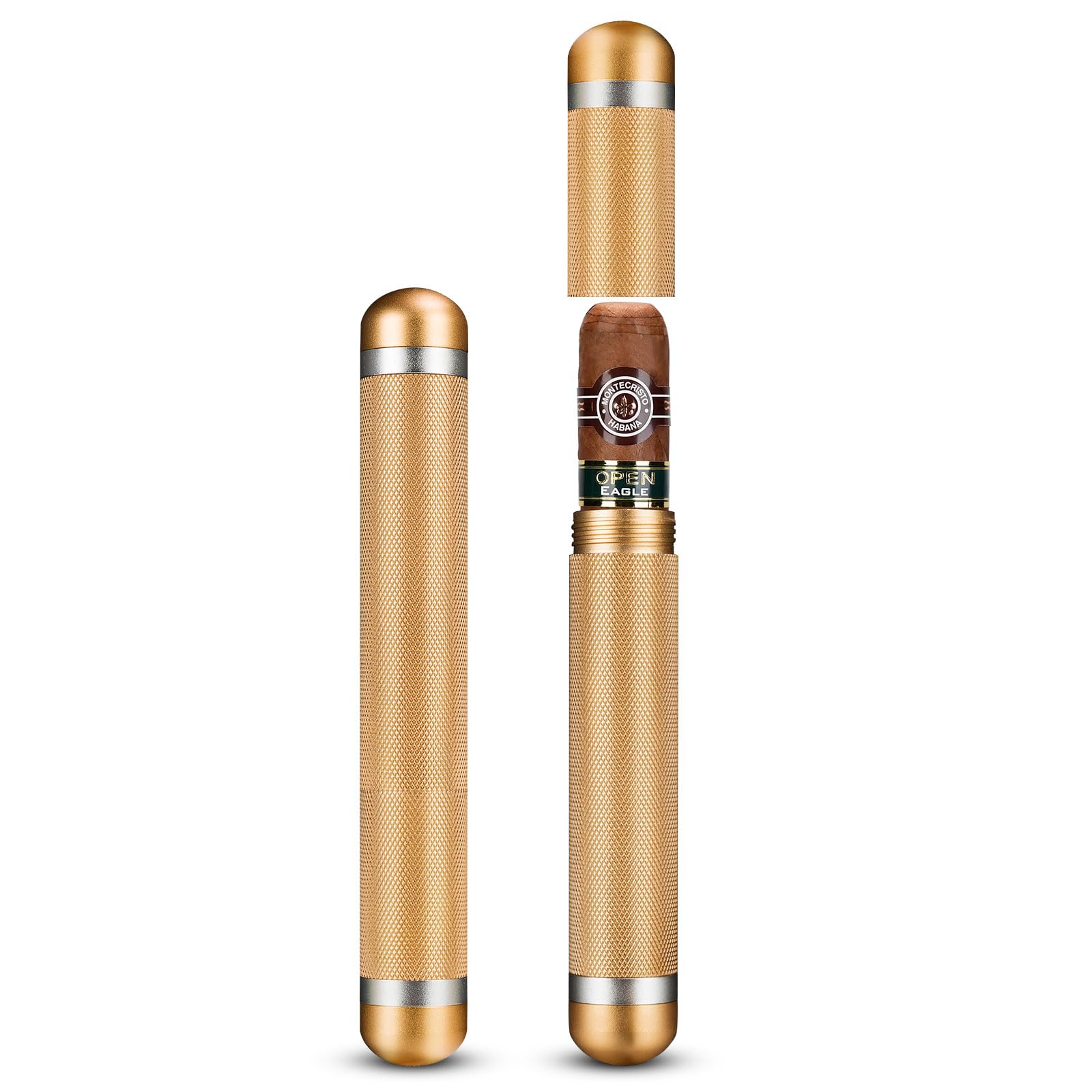 Aluminum Cigar Case Tube Portable Stainless Steel Elegant Travel Single Metal Cigar CaseTube Humidor Air Tight Smell Proof Cigar Holder Case Accessories for Business Travel Outwork -1Pack, Gold, 6.81