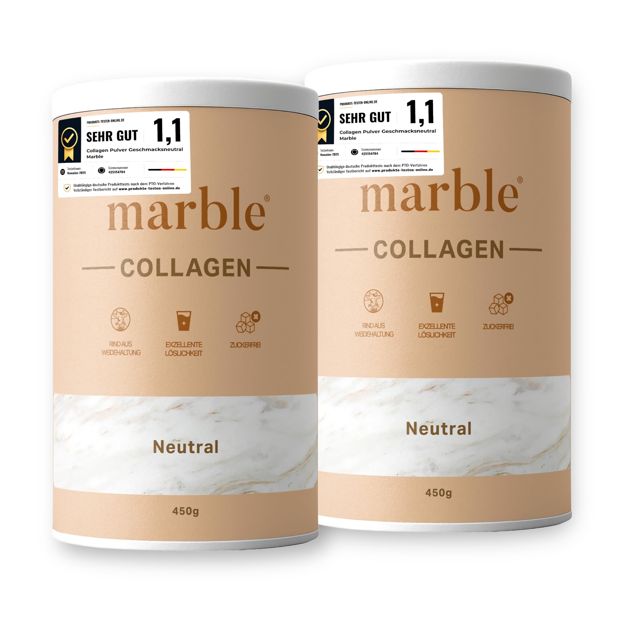 marble® Collagen Pulver [2 x 450g] – Kollagen Hydrolysat – Peptide Typ 1, 2 & 3 – Exzellente Löslichkeit ohne Klumpen – Laborgeprüft – Made in Germany – 60 Tage risikofrei – Geschmacksneutral