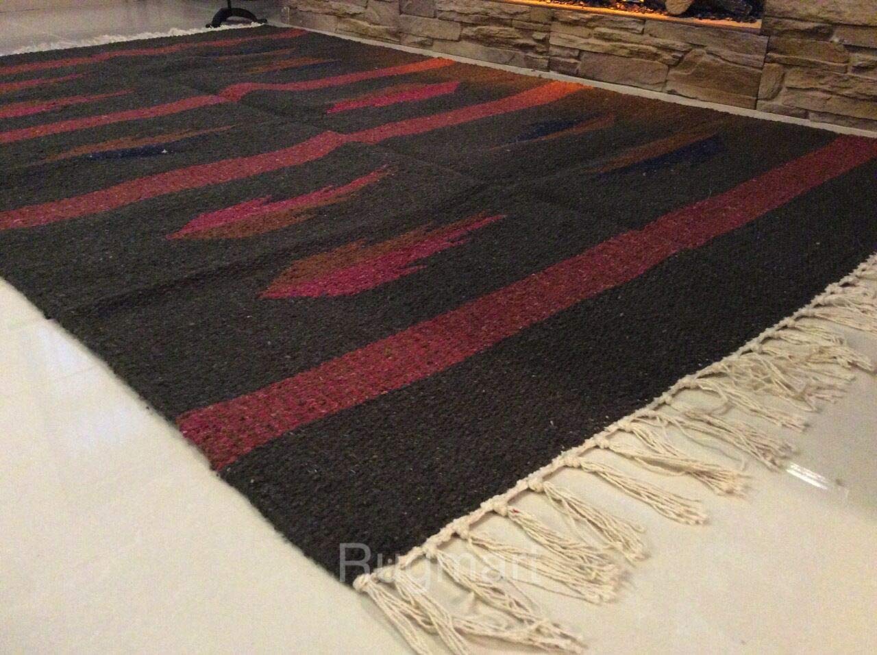 Cotton-Trader Red, Green, Brown Eco Friendly Tribal Ethnic Dark Green Handmade Recycled Cotton Rich Kilim Dhurrie Rugs (Large 120X180cm - (4'X6'))
