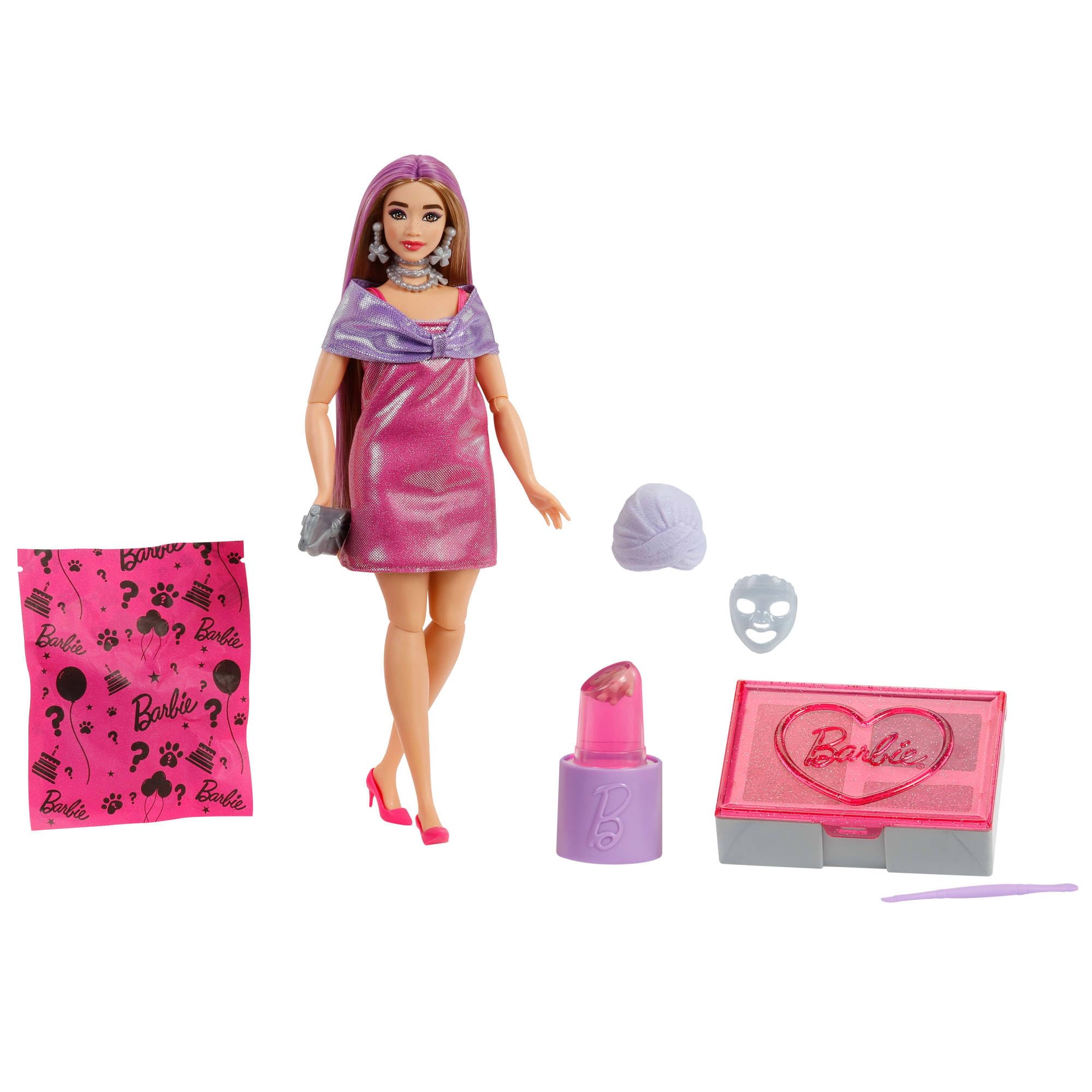 Barbie Party Unboxed Puppe und Accessoires, Glam Party Serie mit 10 Überraschungen, darunter eine pink glitzernde Puppe mit Farbwechseleffekt, JFY67
