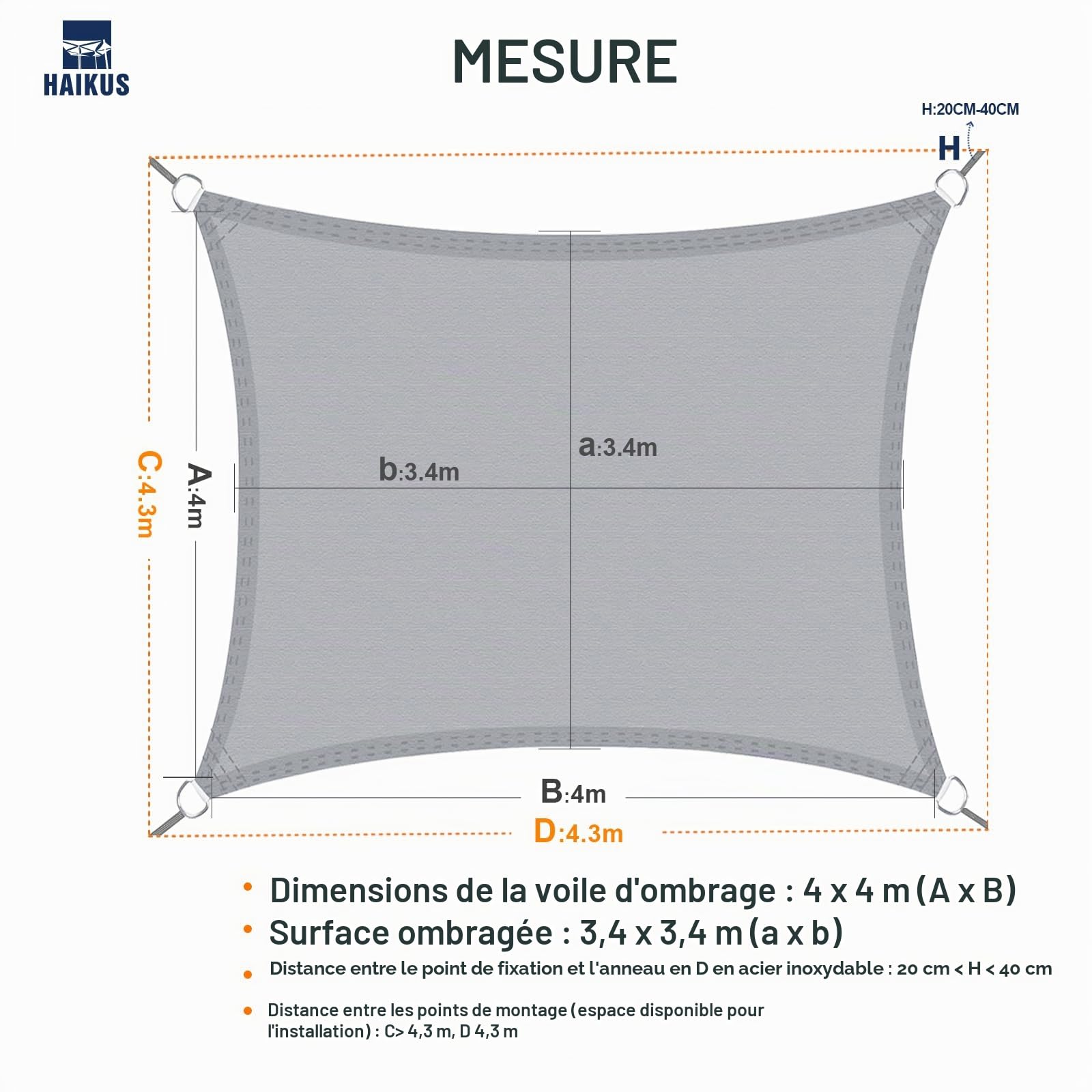 HAIKUS Voile d'ombrage Imperméable Carré 4x4m, Toile Ombrage PES Résistant à l'eau, Filet dombrage 4m Résistant 98% Protection Rayons UV pour Patio Jardin Terrasse Camping Extérieur, Crème 4x4