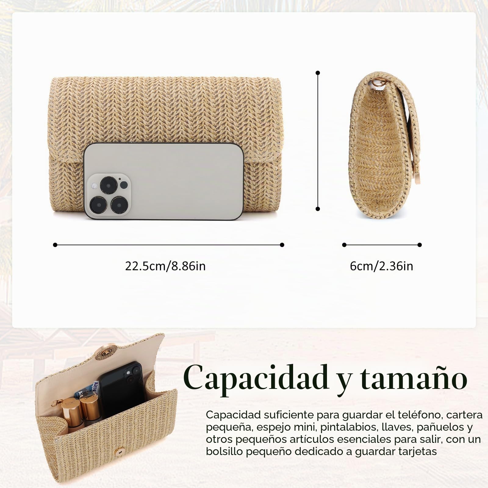 Bolso de Paja Tejida para Mujeres Playa de Verano Elegante Bolso de Noche con Cadena