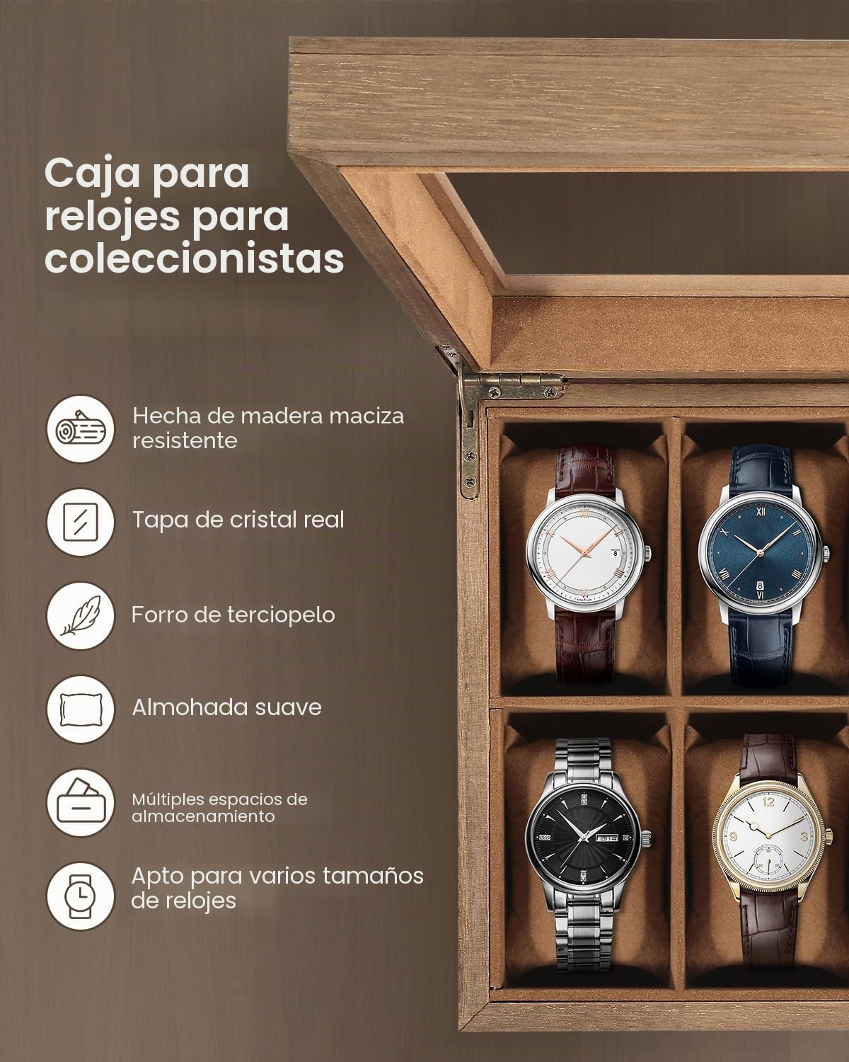 Uten Caja de Relojes con 12 Compartimentos, Caja para Reloje Madera, Tapa de Vidrio y Almohada Algodón Seda, Forro Marrón, para Exhibición y Almacenamiento de Relojes Joyería, Regalo Ideal