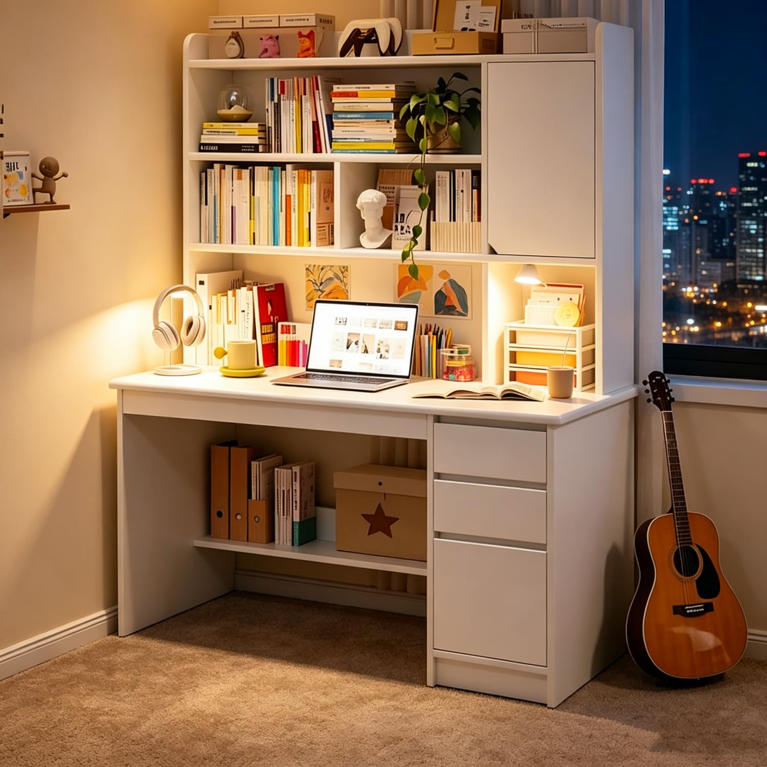 Scrivania per Computer in Legno, Moderna Scrivania con Cassetti, Massello Bianco Postazione con Ripiano Portaoggetti e Libreria 120x45x165cm