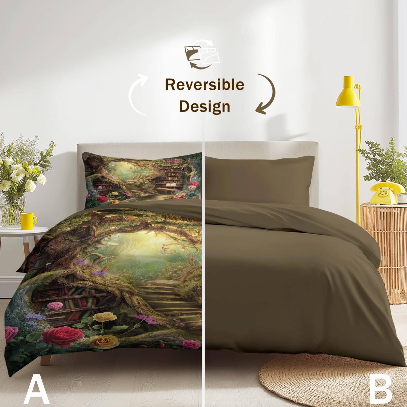 Biancheria da letto con fantasia fiabe, 200 x 200 cm, pastorale, accogliente, guarigione, calma, biblioteca, fiori, in microfibra, con chiusura lampo, include 1 copripiumino e 2 federe, per bambini e