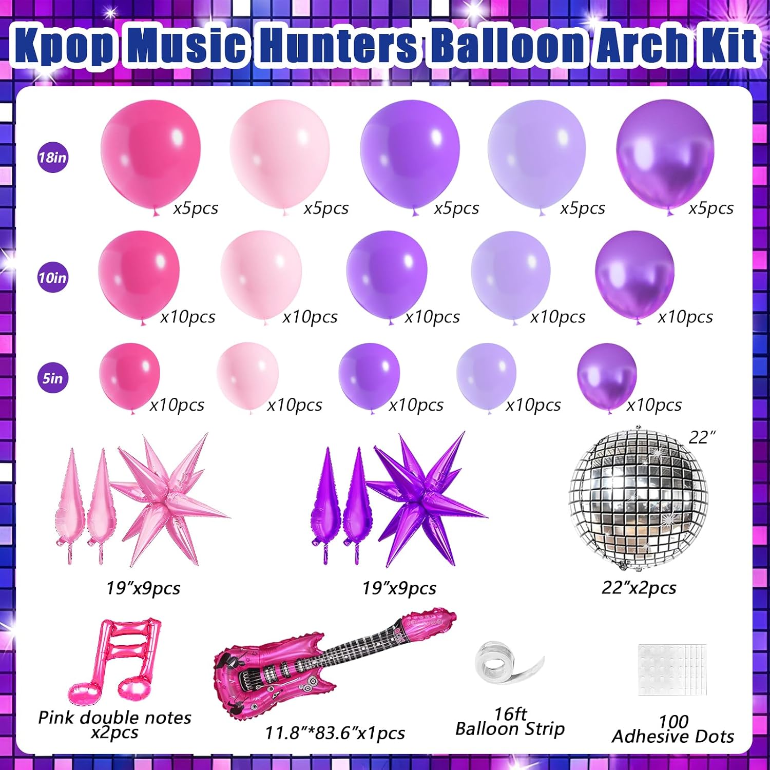 K-Pop Music themed Birthday Party Decorations, Pink Purple Balloon Garland Arch Kit with Guitar Notes Star Disco foil Balloons for Girls fans Grad Prom Party Decorations