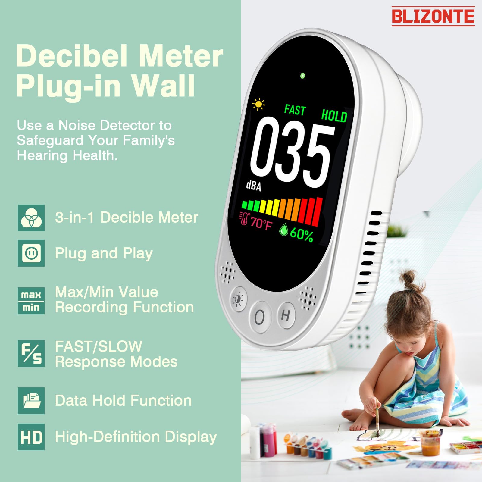 Decibel Meter Plug-in Wall, 3-in-1 Noise Detector(Noise,Temp and Humidity) with Fast/Slow Refresh Rate, MAX/MIN and Data Hold, 30–130 dBA Decibel Range for Rentals, Home, Classroom, Library — Amazon image 2