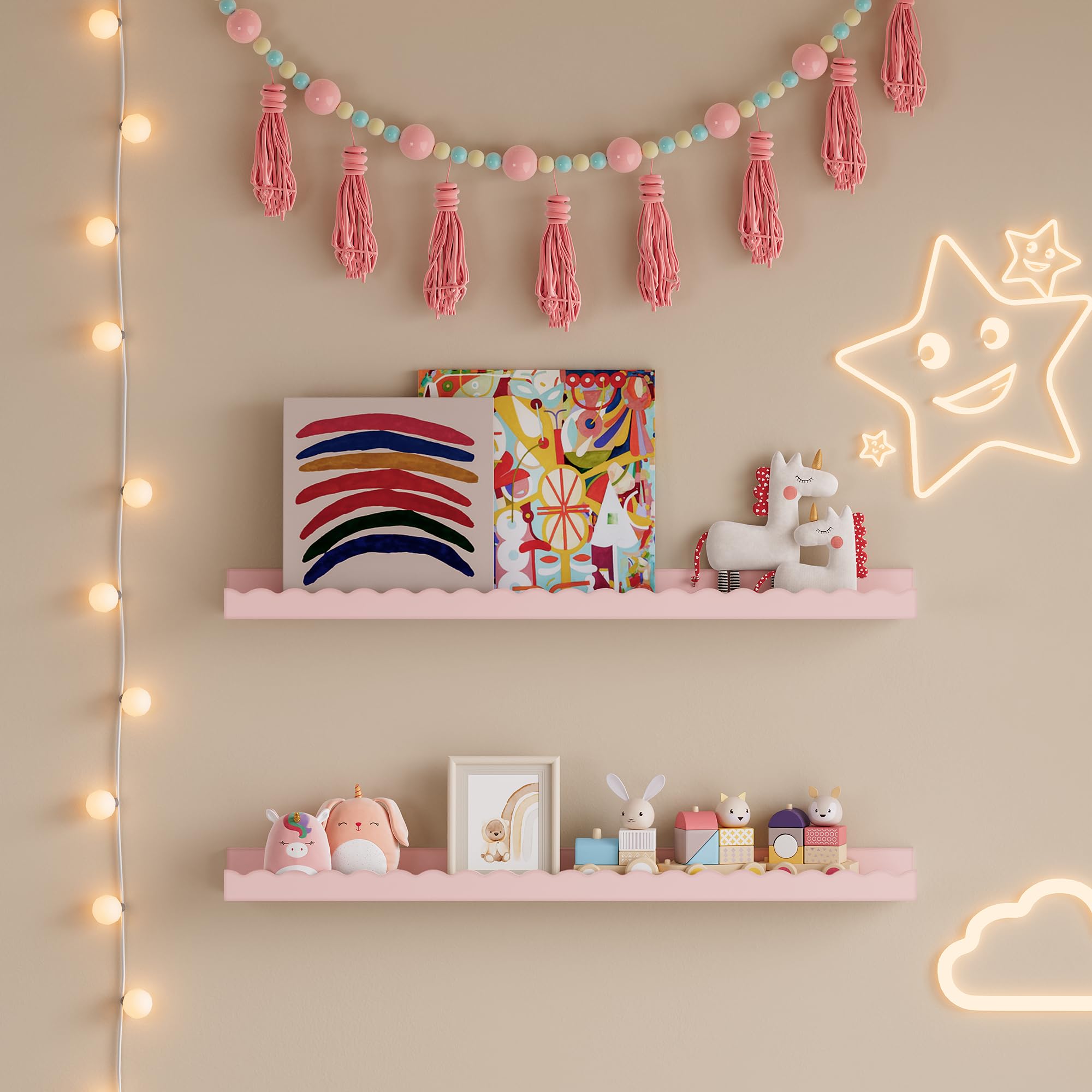 [en.casa] Set de 2 Estantes Flotantes Infantil Vestnes Baldas de Pared con Borde Ondulado Librería Dormitorio para Niños Habitación Infantil 60 x 10 x 5 cm Rosa - Algodón de azúcar