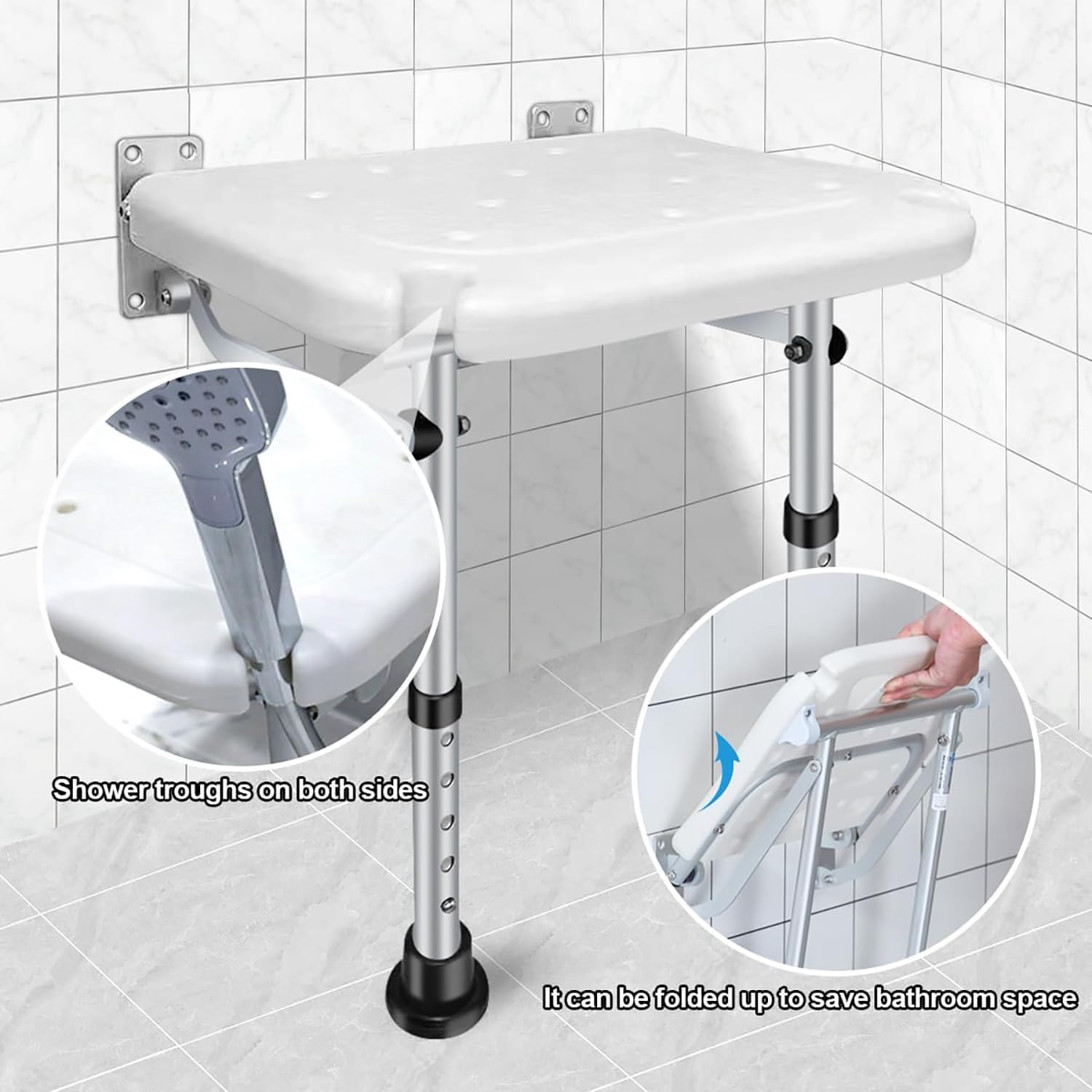 Sedia da Doccia Pieghevole,Regolabile in Altezza,Carico Massimo 180 Kg,per Anziani E Disabili