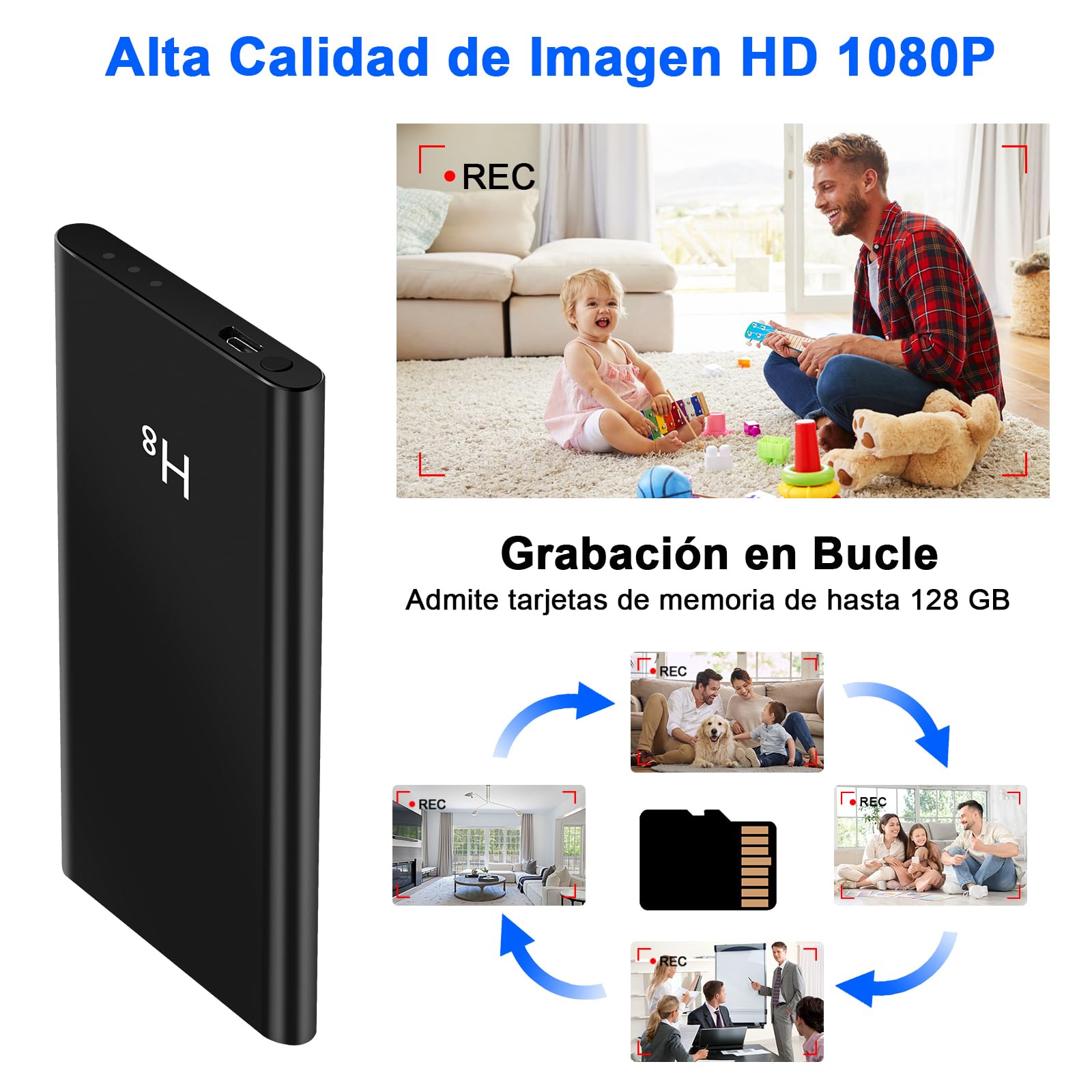 MiniCamera HD 1080P, Micro Cámara Espia Oculta 5000mAh con Cable USB 3-en-1, Camaras de Vigilancia sin Cables Camufladas Sensor de Gravedad y Visión Nocturna para Interior/Exterior