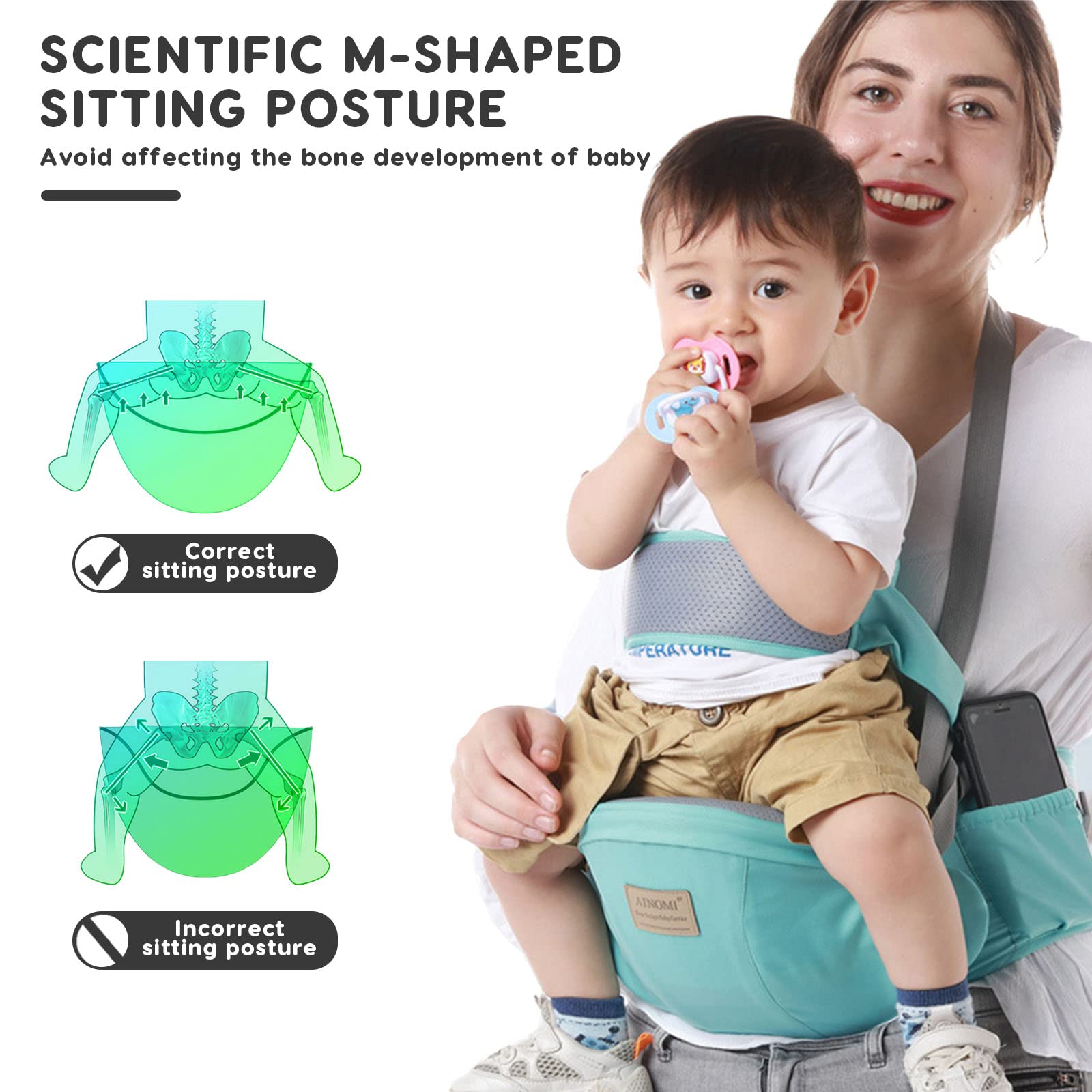 SONARIN Multifunzionale Traspirante Hipseat Marsupio,Ergonomico Marsupio Neonati Supporto del Sedile Portantina Bebè Seggiolino con Cintura di Sicurezza & Tracolla per 3-36 Mesi(Grigio)